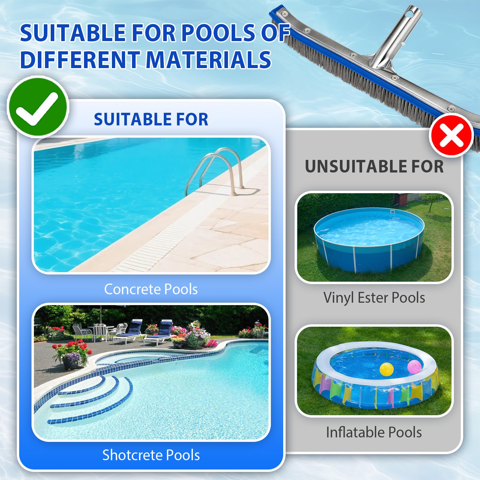 Poolbürste 18 Zoll (45,7 cm) mit Stahl- & Nylonborsten, Pool Bürste mit Aluminiumrücken & EZ Clip Anschluss für Poolstange, robuste Pool Reinigungsbürste für Poolboden, Poolwände&Algen in Einbaupools