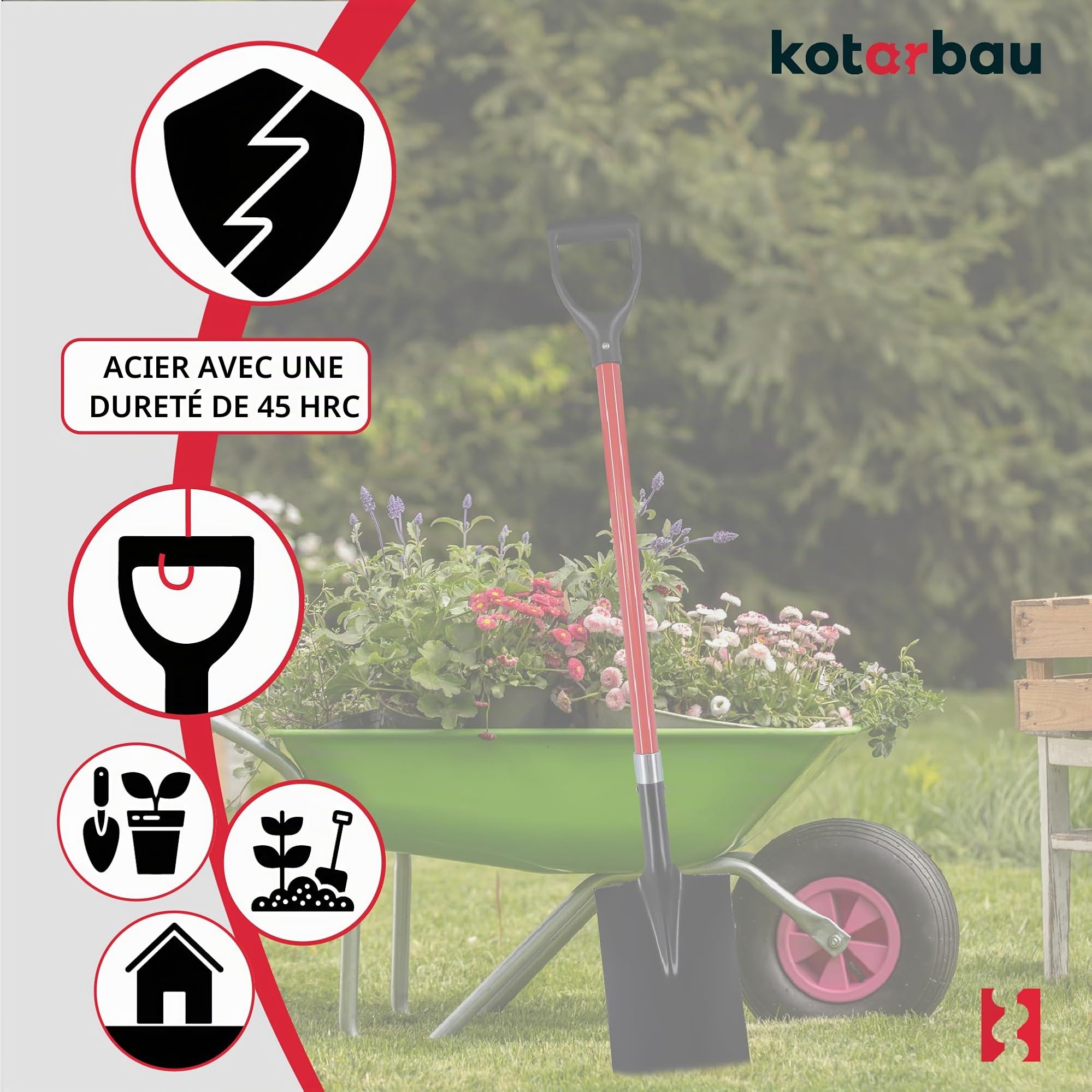 KOTARBAU® Bêche de Jardin 185 x 300 mm Pelle Rectangulaire avec Manche en Fibre de Verre 116 cm Accessoire de Jardinage Accessoires de Plantation