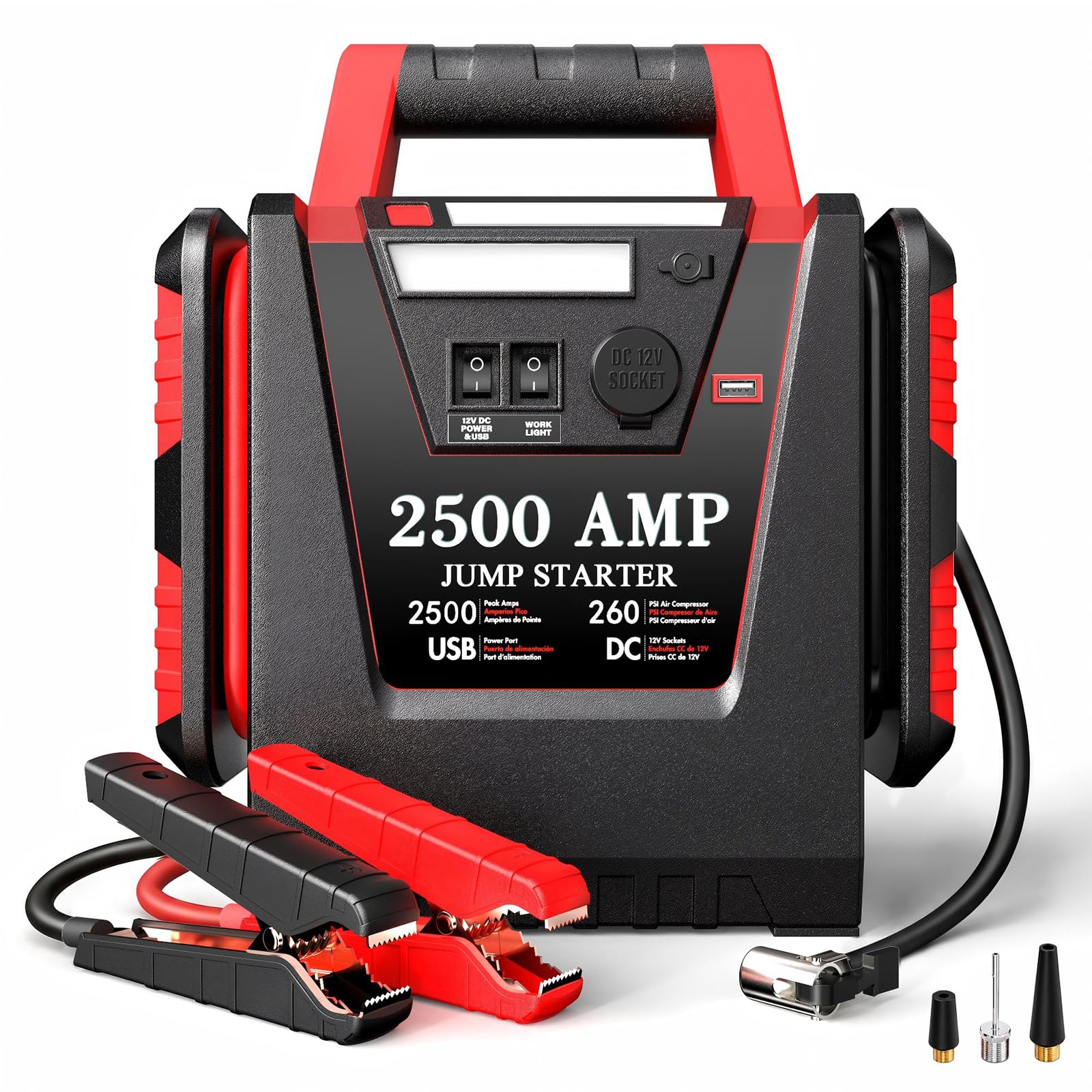 Arrancador de Coches Portátil 2500A con Compresor de Aire 150 PSI, Arrancador de Baterías 12V (Motores Gasolina/Diésel hasta 8.0L), Booster Batería, Jump Starter 20000mAh, Luz LED 500LM
