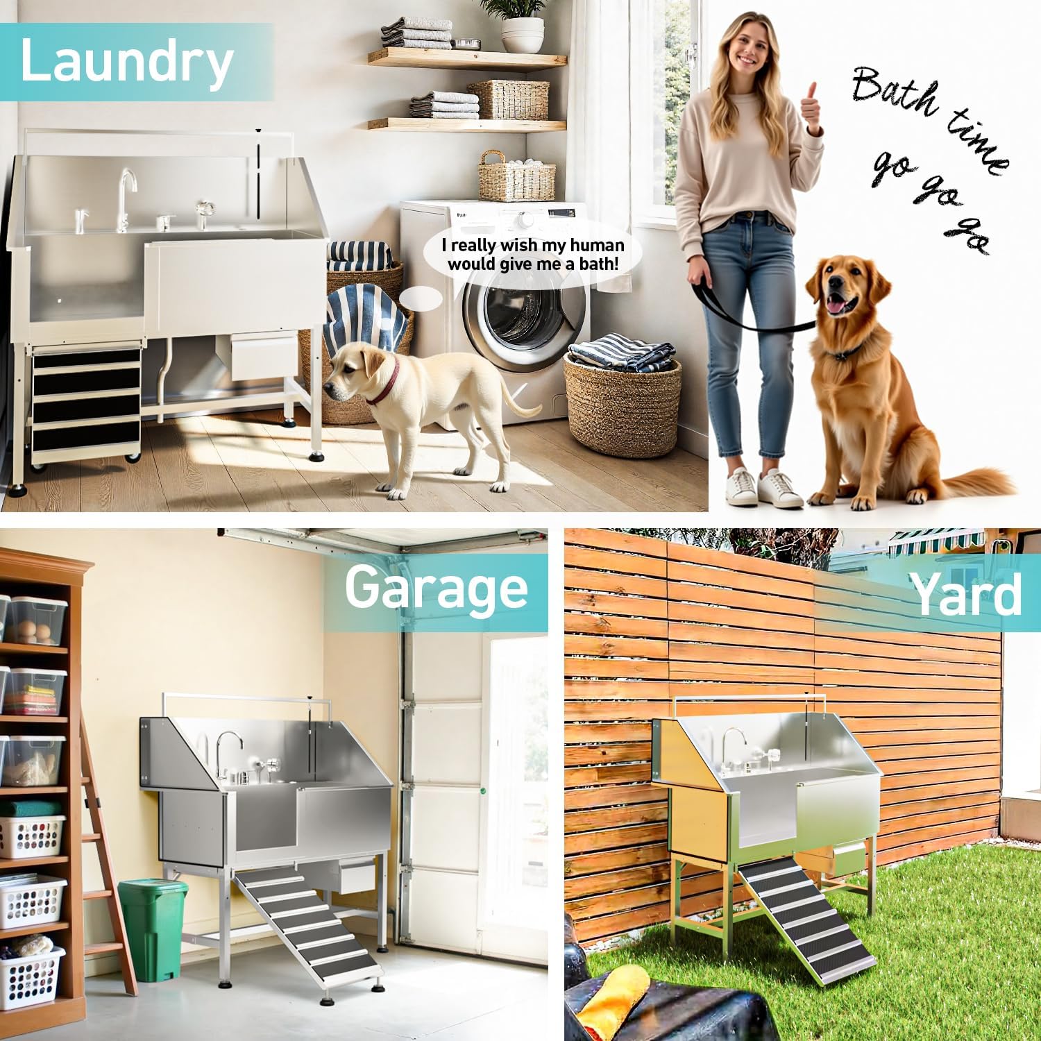 56" Professional Dog Washing Station, 304 Stainless Steel Pet Grooming Tub with Removable Ramp, 1.0mm Thick Anti-Rust Bath Tub, Adjustable Height & Detachable Faucet Kit for Dogs & Cats