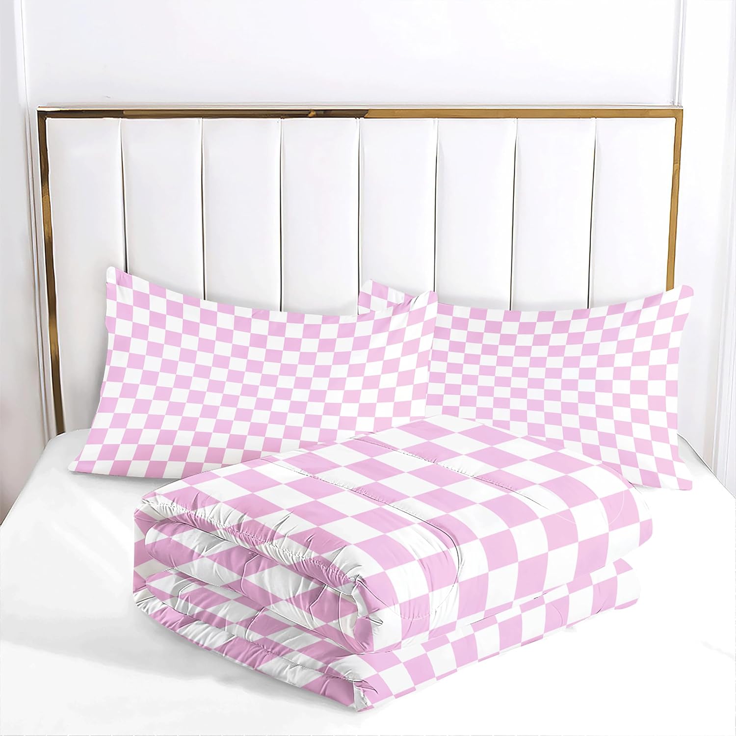 Teens Pink White Checkered Comforter Set Queen Size,Grid Bedding Set for Kids Boys Girls Bedroom Decoration,Geometric Bed Duvet Insert,Modern Simple Grid Comforter with 2 Pillowcases