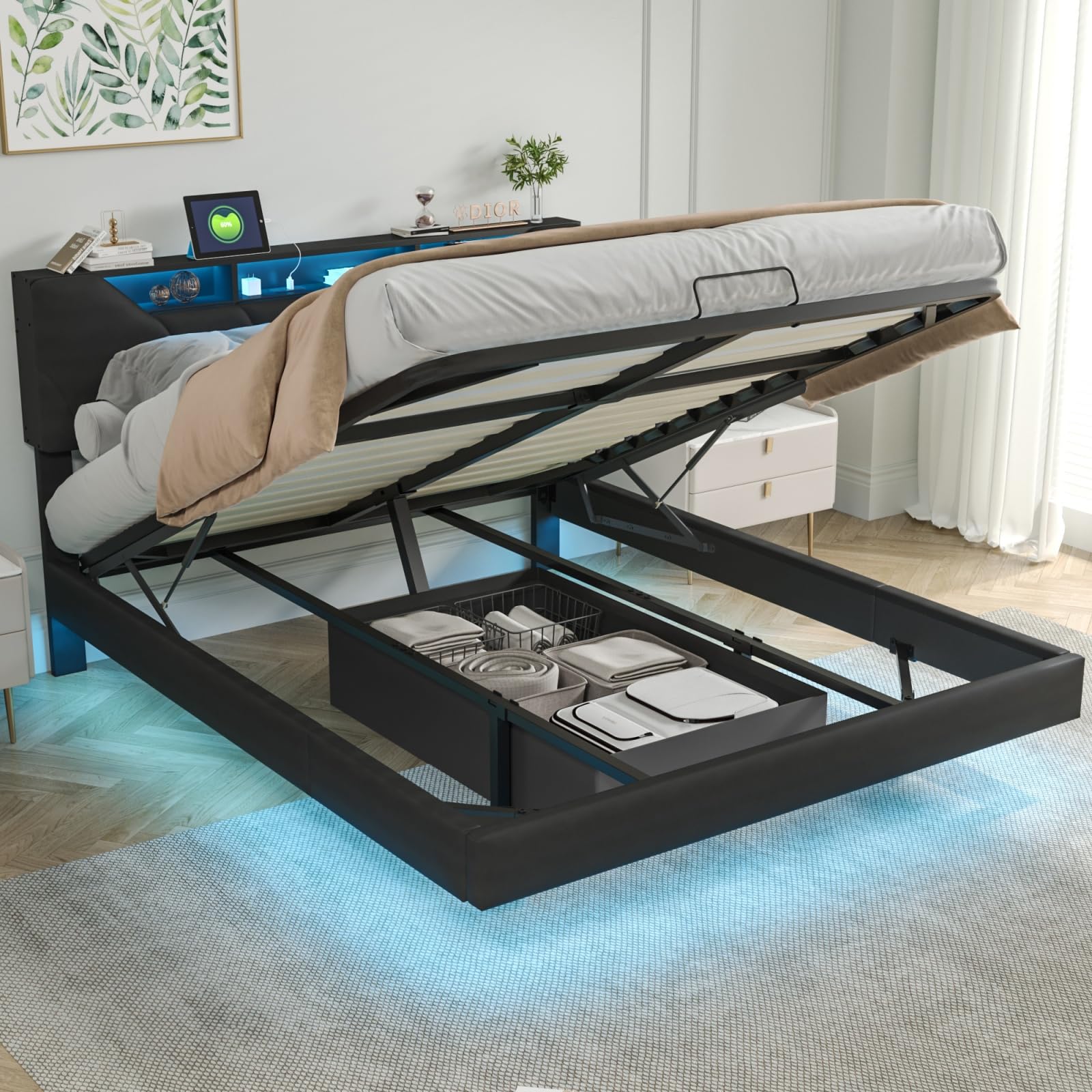 BestAlice Letto matrimoniale imbottito 140 x 200 cm, letto sospeso con stazione di ricarica e LED, letto per ragazzi, testiera regolabile con ripiani aperti e spazio di archiviazione, PU nero