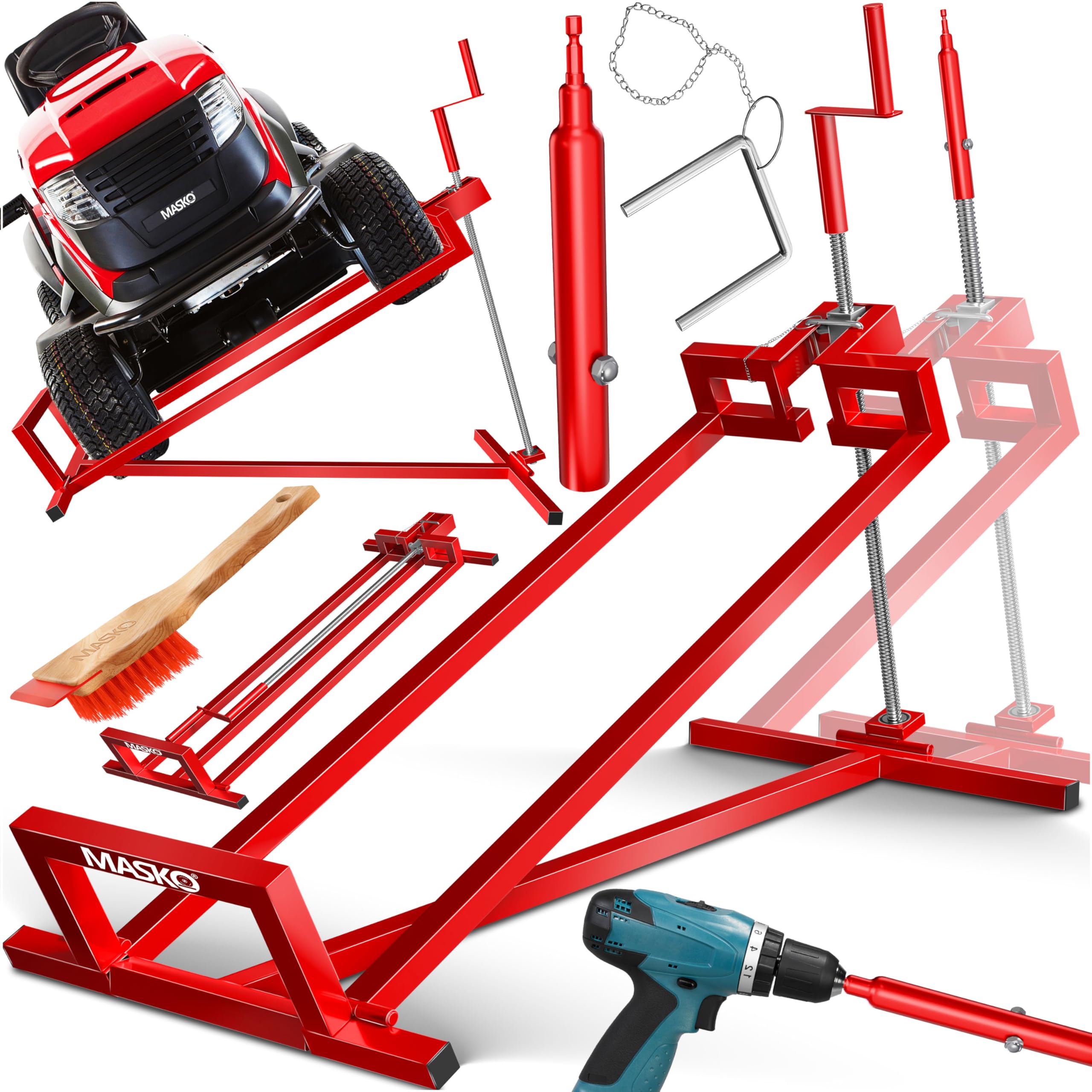 MASKO Elevador de tractor de césped XXL, 450 kg, dispositivo elevador, plataforma elevadora, herramienta de limpieza universal, elevación de tractor de césped, inclinación ajustable +45°, incluye