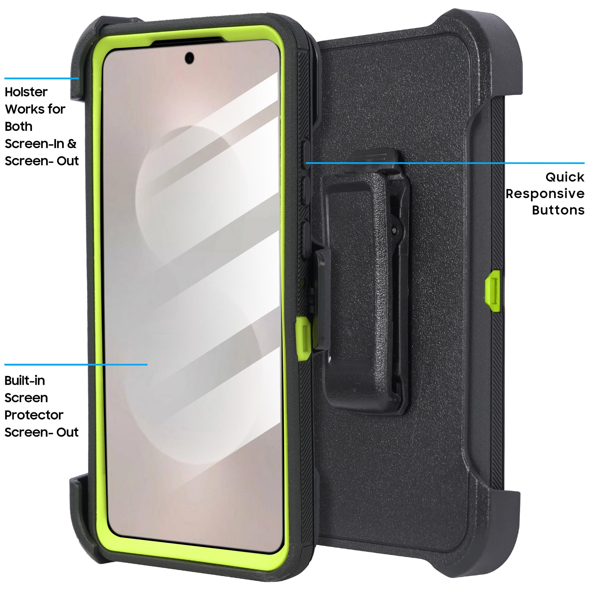 Custodia compatibile con Samsung Galaxy S26 Plus con protezione dello schermo integrata, fondina con clip per cintura, resistente agli urti, copertura robusta color lime mimetico