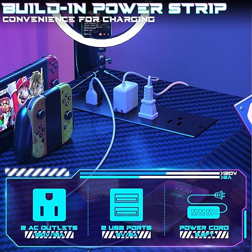 Miniatura 7 de Homieasy Escritorio pequeño para juegos con tomas de corriente, tablero de clavijas, luz LED, escritorio de computadora en forma de L de 43 pulgadas