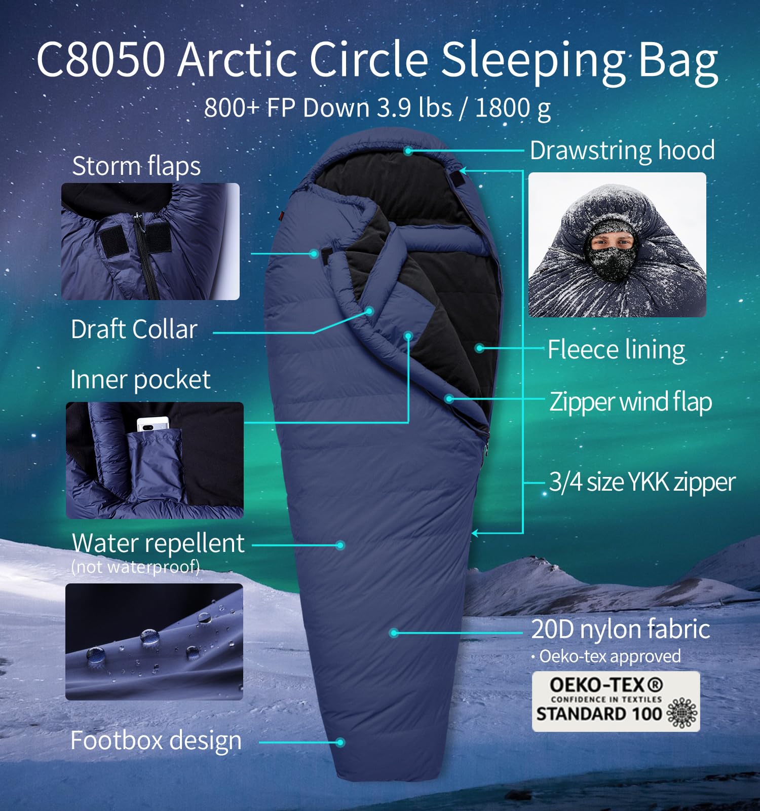 Litume Śpiwór -50°C lodowcowy - ekstremalne zimno, dół 800+ fill Power 1,8 kg, mumia o jakości wysyłkowej, wodoodporny nylon 20D, przetestowany na kemping zimowy i alpinizm.