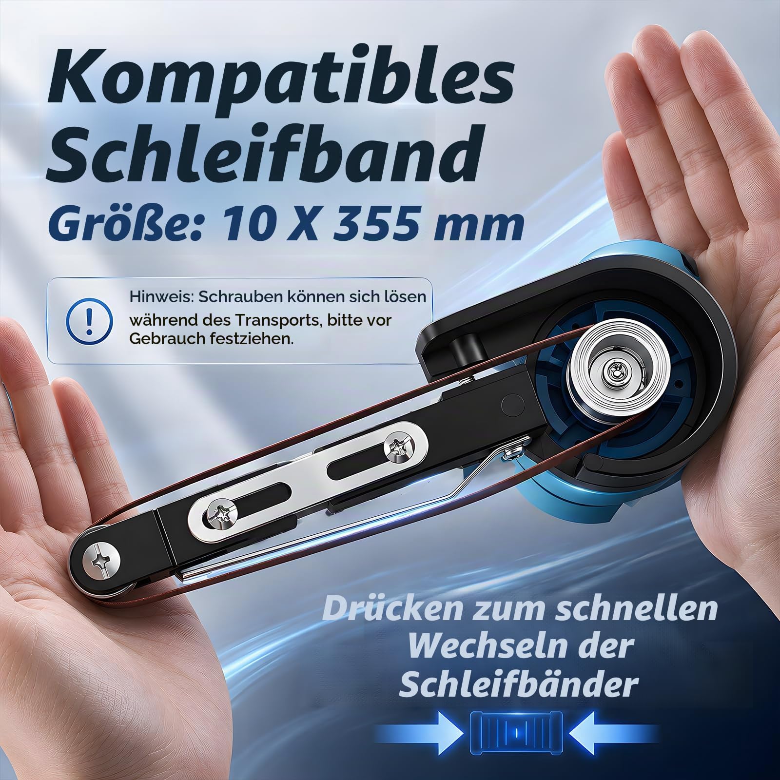 Mini Akku Bandschleifer, 15 Schleifbänder, 10x355mm mit 2 Akkus