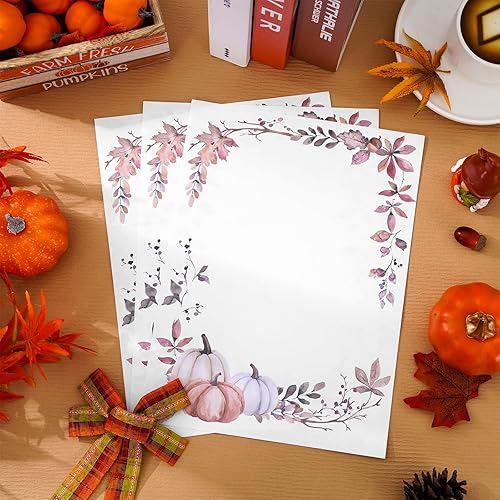 Miniatura 4 de AnyDesign 60 hojas de papel con membrete de acuarela de otoño, calabazas, hojas de arce, papel de escritura, notas de papel de otoño para impresión