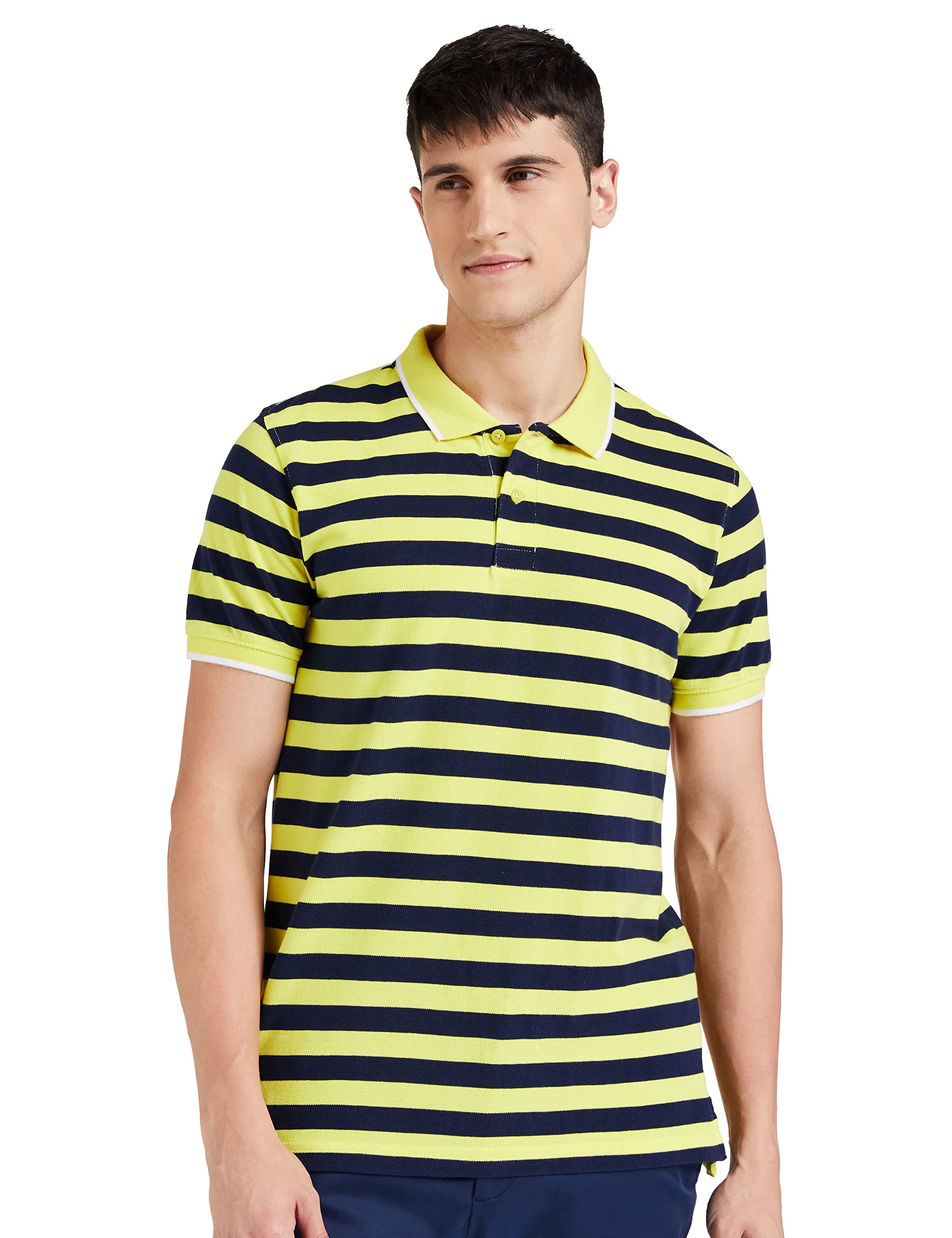 Amazon Brand - Symbol Mens Cotton Rich Striped Polo T Shirt | Collar Tshirts | Half Sleeves - Regular Fit (Sunshine & Iris Navy_S) (B081BCP93Z) Amazon Price History, Amazon Price Tracker