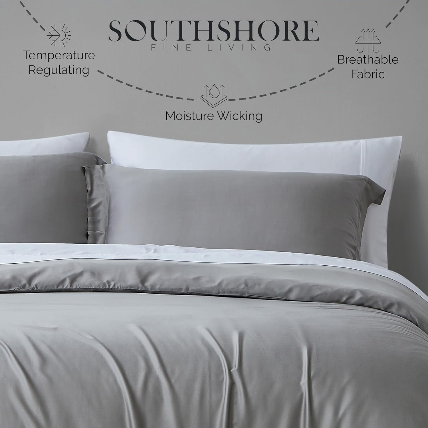 Southshore Fine Living, Inc. Rayon Derived from Bamboo Queen Size Duvet Cover with 2 Pillow Shams, Luxury Full/Queen Size Comforter Cover, 300 Thread Count Sateen Bedding, Silky Soft, Steel Grey