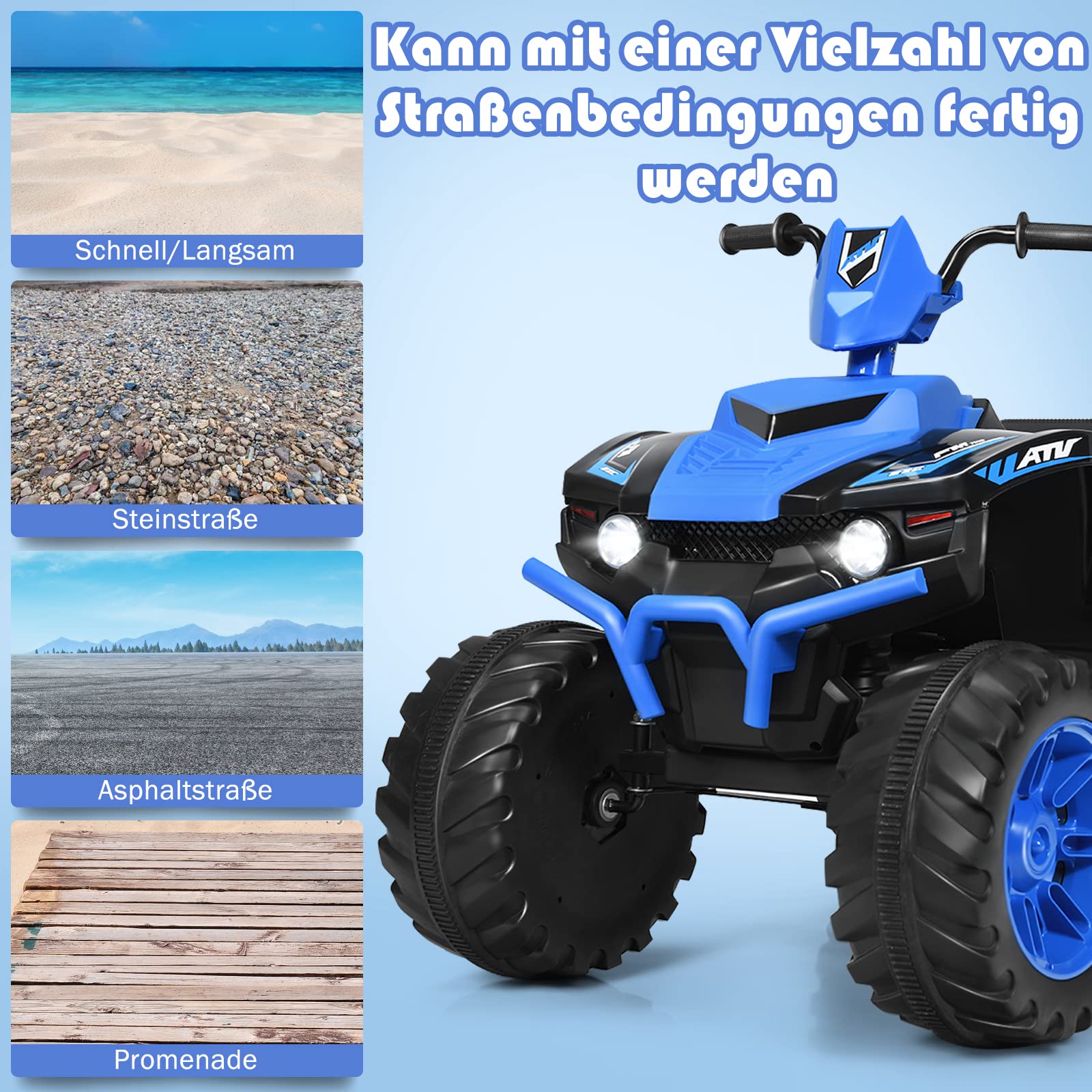 GOPLUS 12V Kinder Elektroquad, Batteriebetriebenes Auto mit LED-Scheinwerfern, Musik, Hupe, USB, Bluetooth, Radio, Langsamer Start, Hohe/Niedrige Geschwindigkeit, Quad Motorrad (Blau)