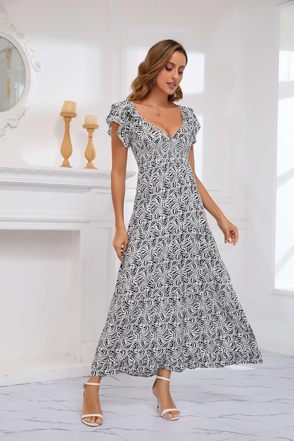 Womens Summer Dress Boho Floral Dress Sleeveless Ruffle Deep V Neck Cotton A Line Maxi Dresses - Image 5