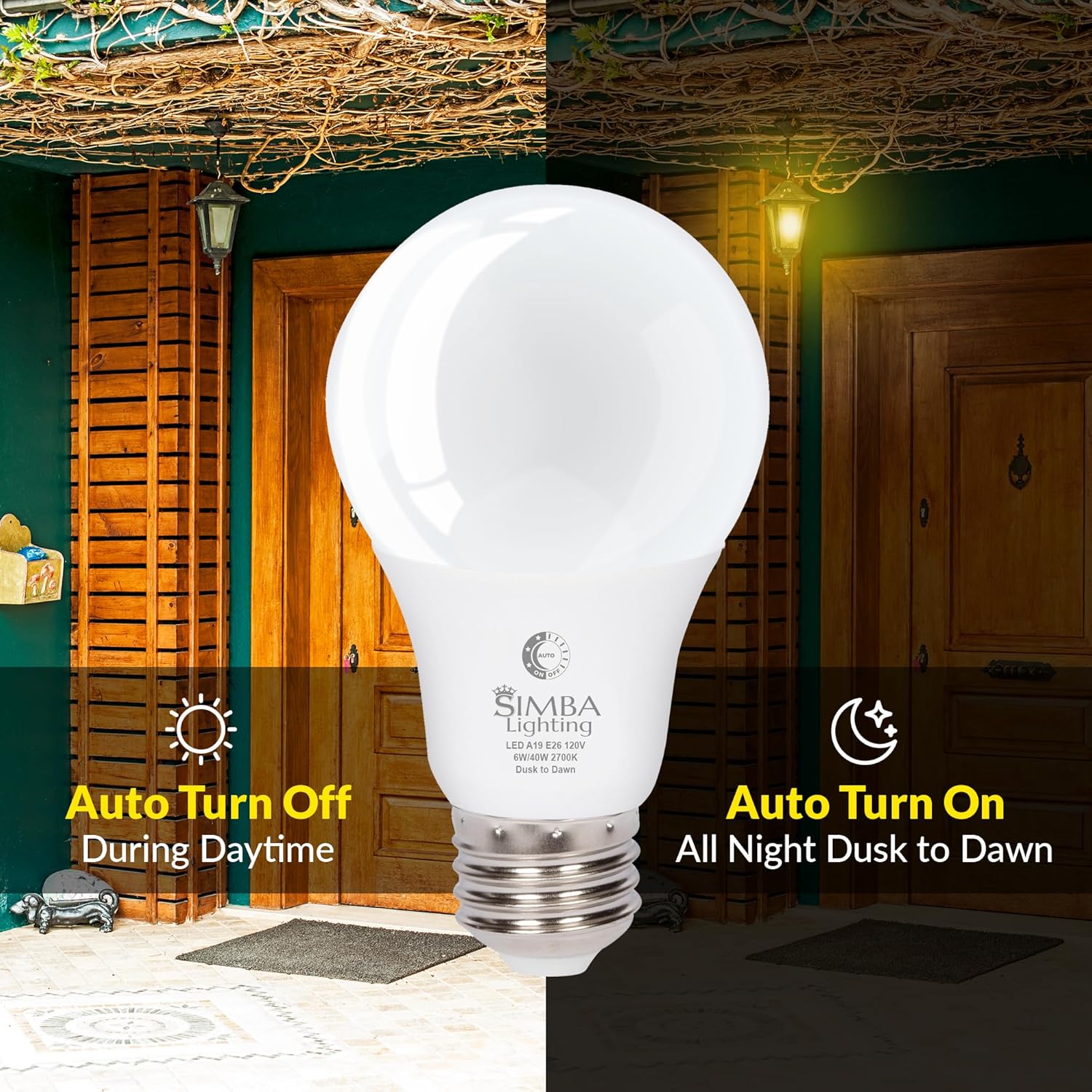 Simba Lighting LED Outdoor Light Bulbs with Photocell Sensor Dusk to Dawn Smart Auto On and Off (2 Pack) A19 6W 40W Replacement for Porch, Night Light, Garage Door, E26 Medium Base, 2700K Warm White