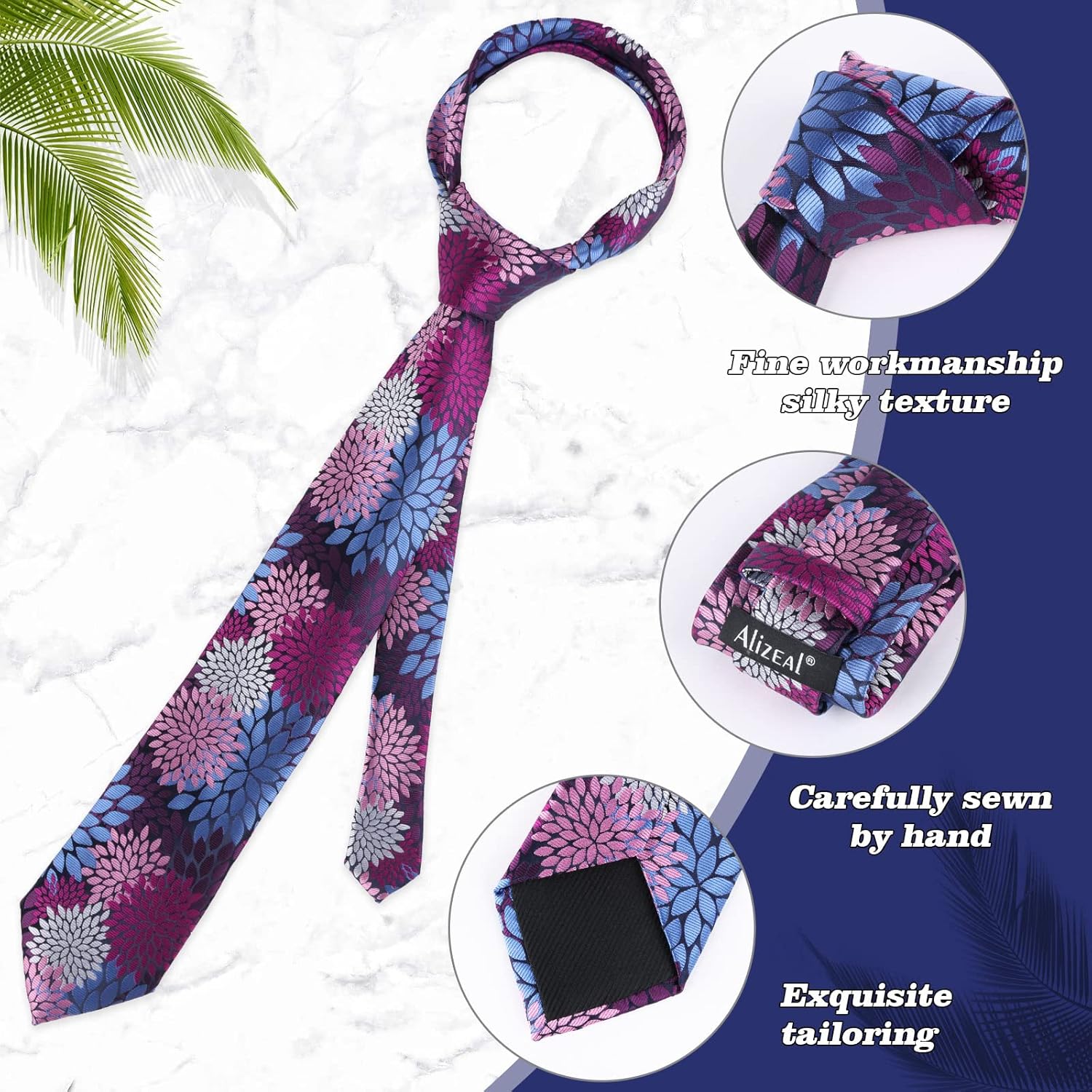 Alizeal Mens 3.15inches Leaf Flower Pattern Tie with Floral Pocket Square Set - Image 4