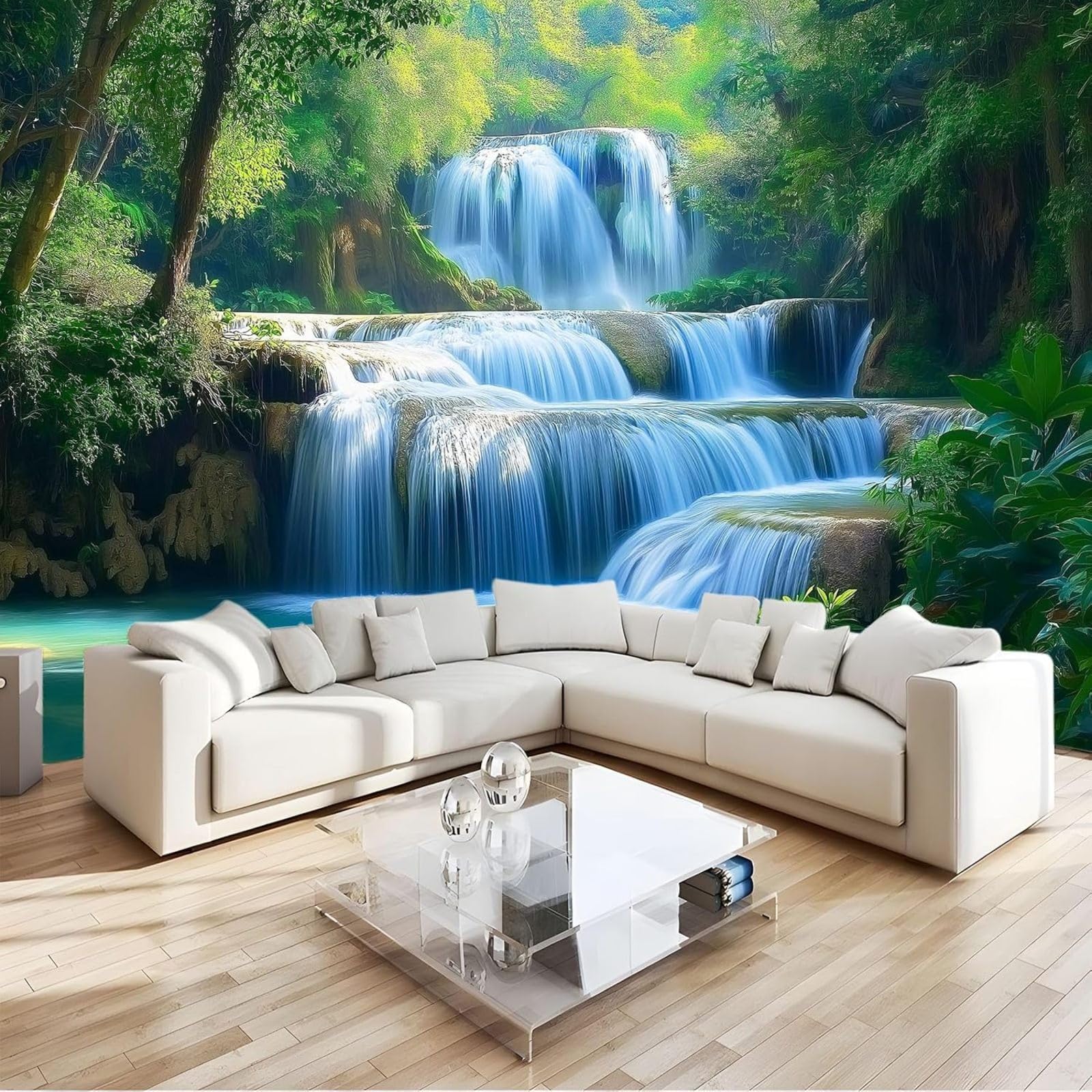 hgjdjhnf Photo Wallpaper, wall Mural, Forest Waterfall, wall, Bedroom, Living Room, Green, 430cm x 300cm