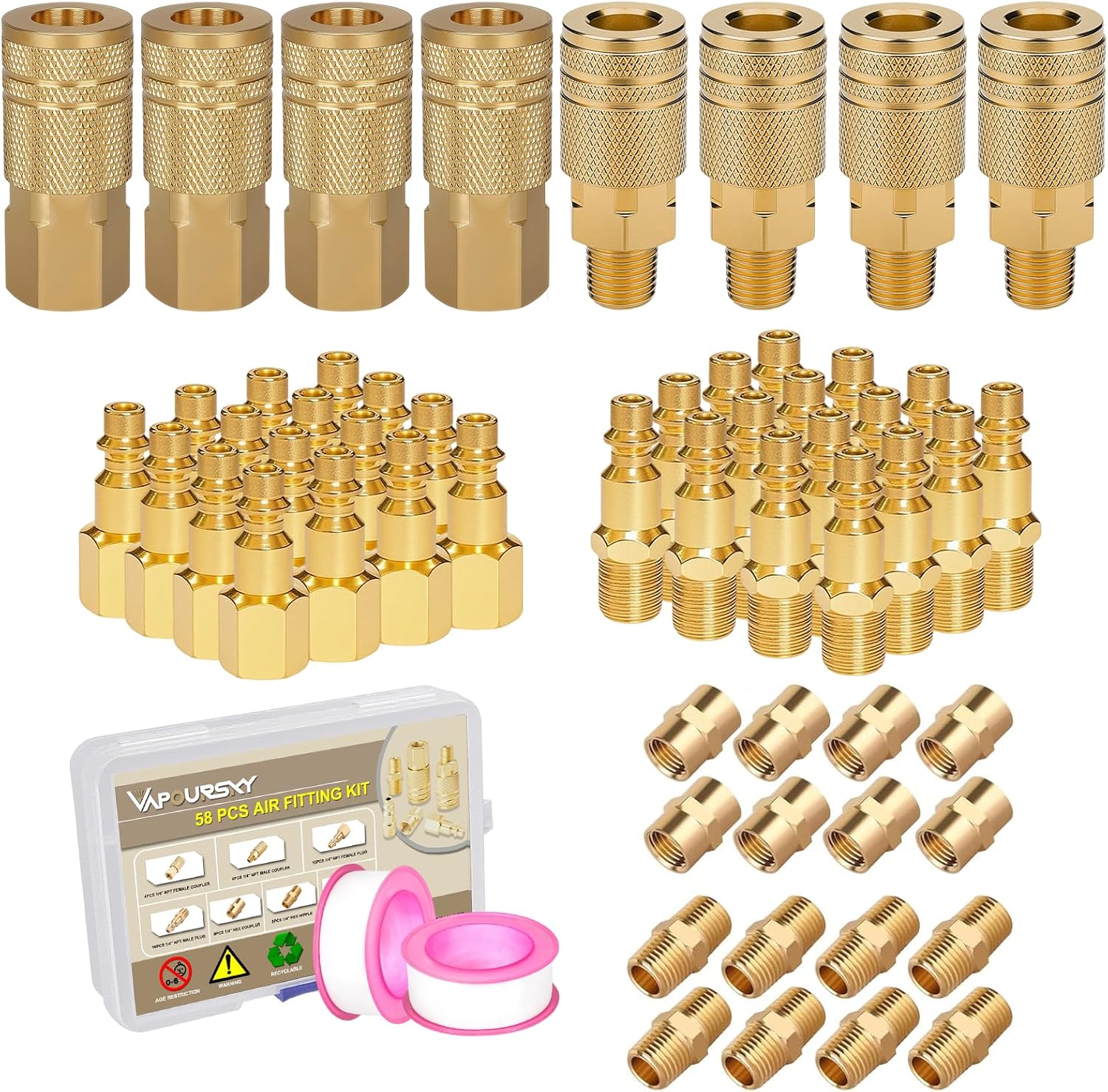 58 Pcs Air Hose Fittings, 1/4" NPT Air Coupler & Plug Kit, Industrial Interchange Quick Connects, Air Tool Fittings for Professional Jobsite, Auto Shop, DIY User