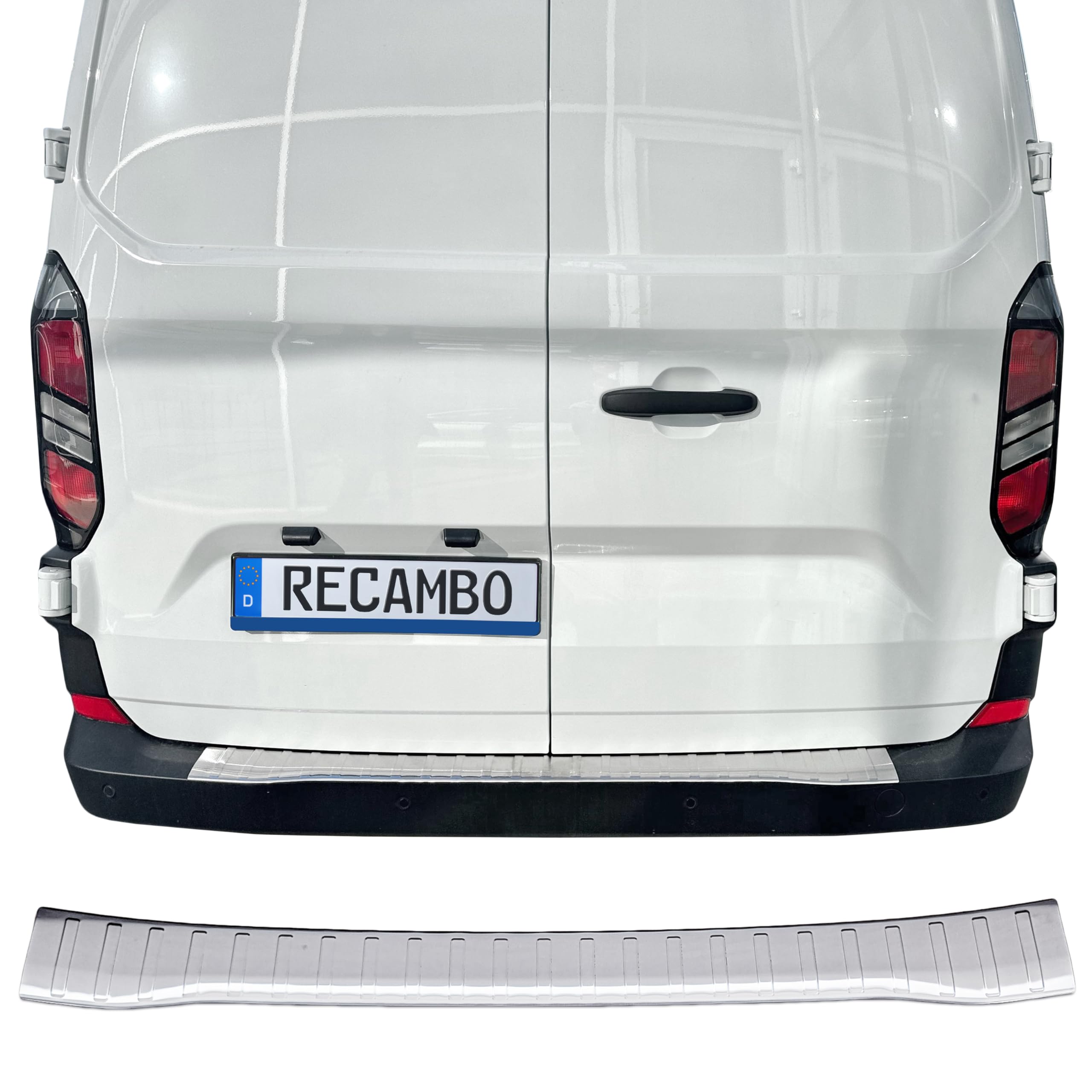 RECAMBO Edelstahl Ladekantenschutz - passend für Ford Transit Custom | BJ ab 2023 - gebürstete Schutzleiste für die Stoßstange mit strukturierter Oberfläche & Klebemontage