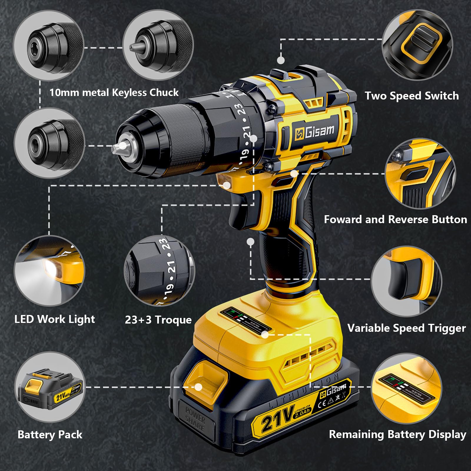 Trapano Avvitatore A Batteria 21V - Con Batteria 2.0Ah, 42N.m | Mandrino 10mm, 23 Accessori | Per Fai Da Te - Foto 4