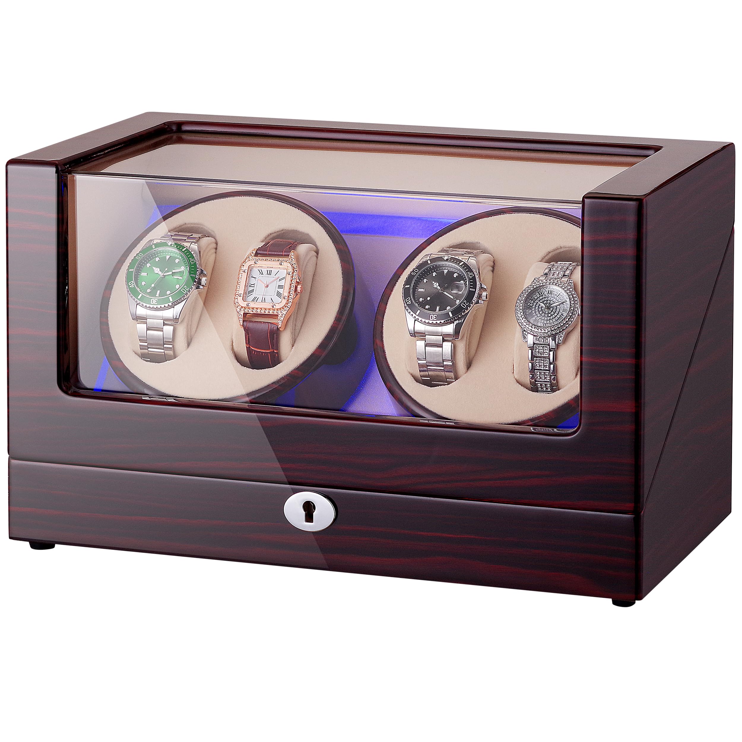 Automatischer Uhrenbeweger für Rolex und andere Luxusuhren, Uhrenbeweger mit leisem Motor, 4 Uhrenbeweger mit LED-Licht, vier Rotationsmodi, weiches Qualitäts-Samt-Uhrenkissen
