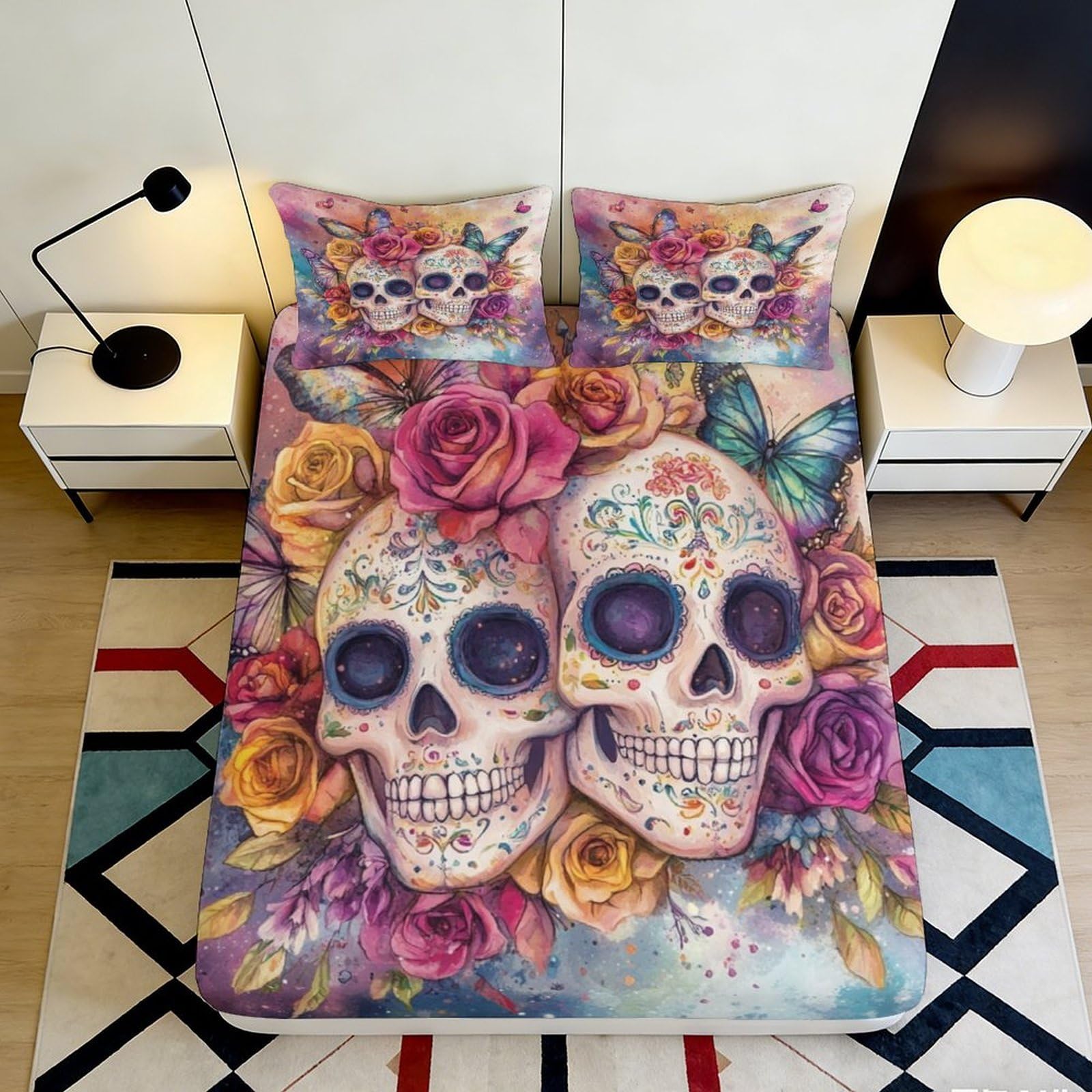 Pnayamiorkfel Style-7 3D Printed Sugar Skull Floral Fitted Sheet Microfiber Anti-Slip Butterfly Bed Cover For Bedroom Dorm Easy Care 90X200x25cm