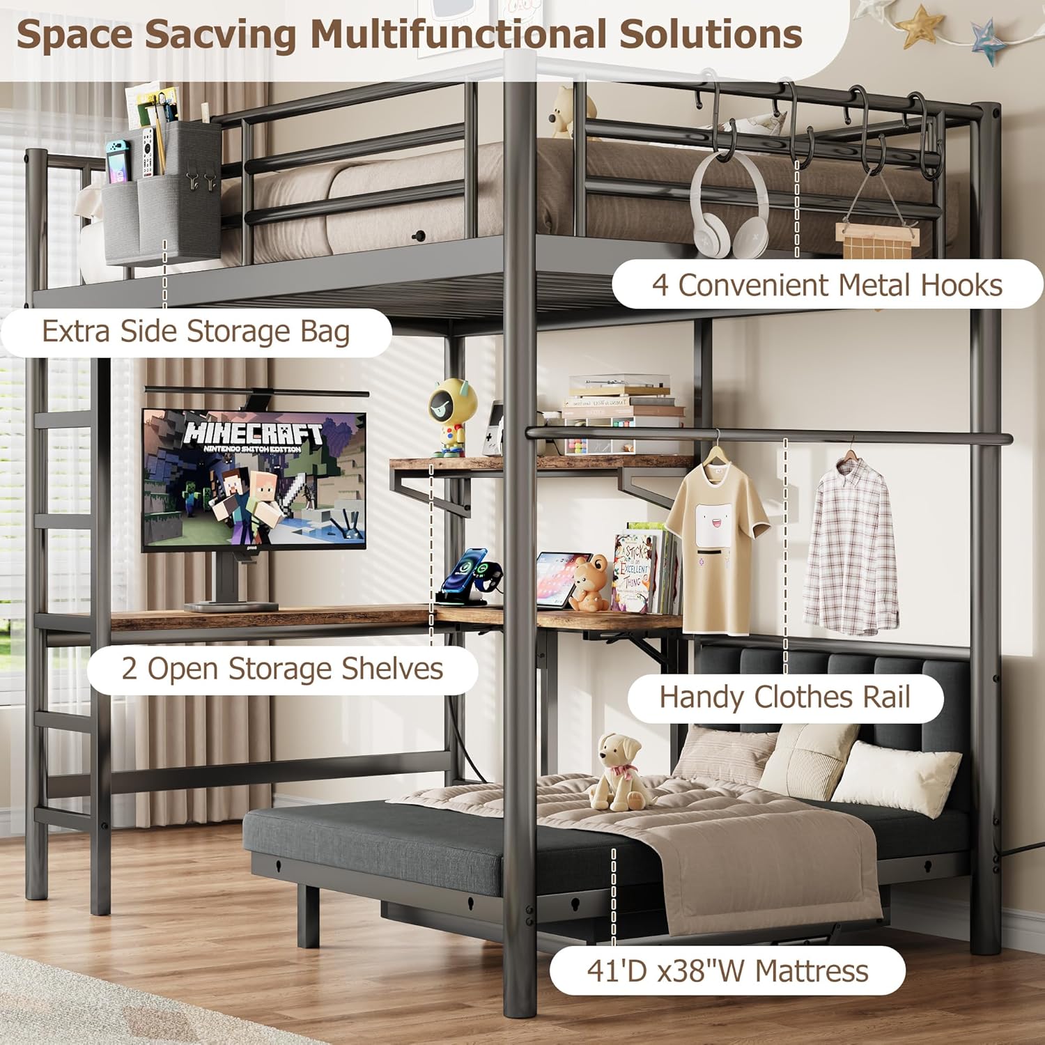 Image highlighting the various storage solutions: extra side storage bag, two open storage shelves, handy clothes rail, and four convenient metal hooks.