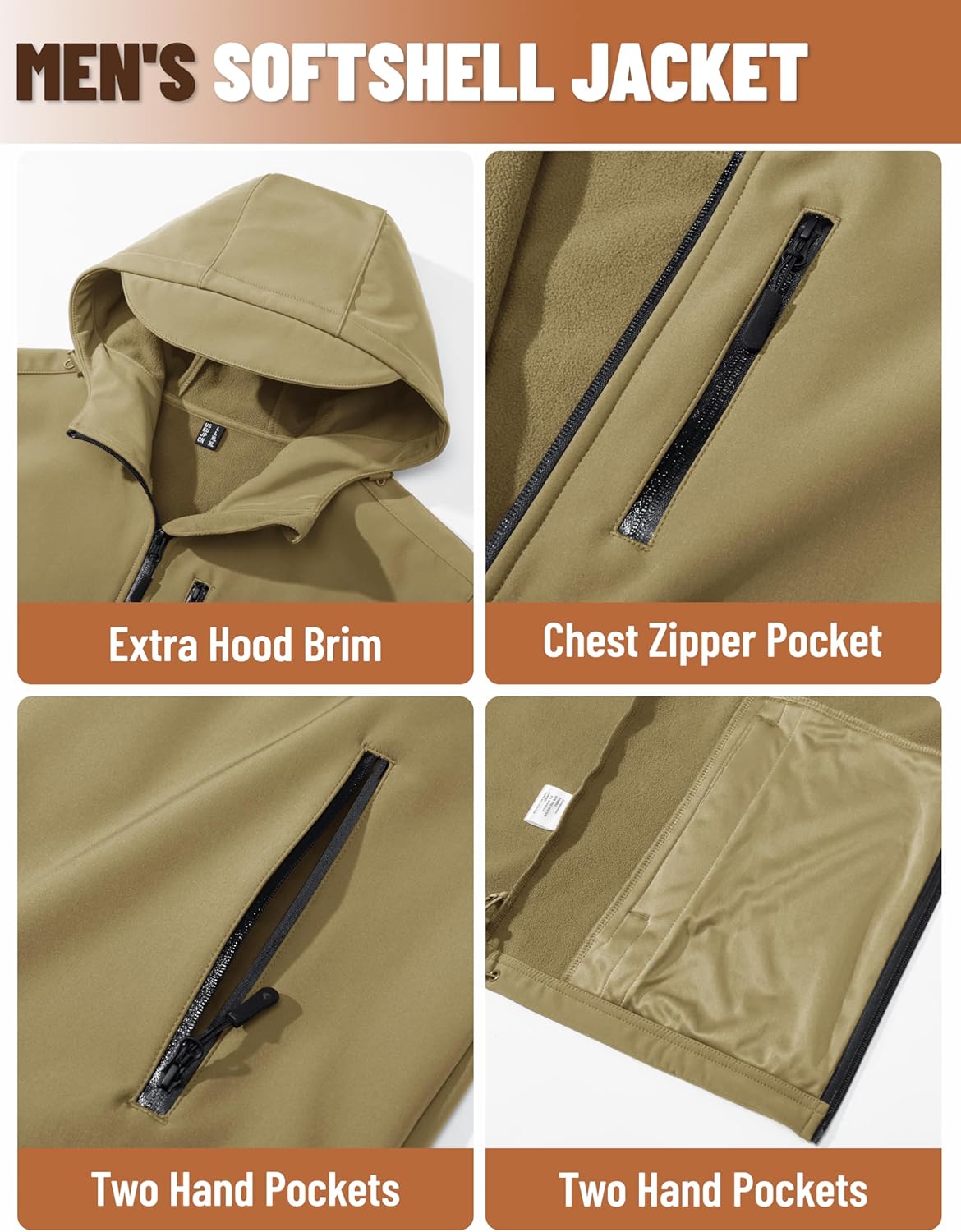 TACVASEN Men's Hooded Softshell Jacket Lightweight Waterproof Fleece Lined Windbreaker Rain Jacket Winter Outdoor Hiking - Image 5