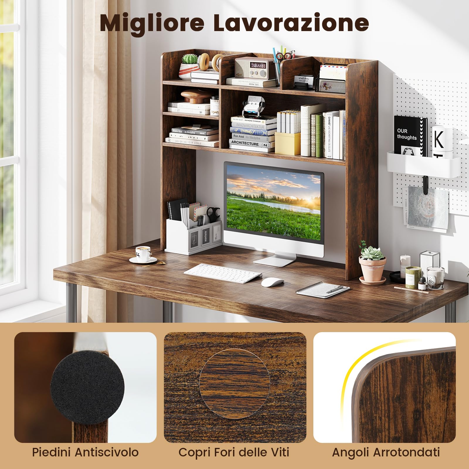 RELAX4LIFE Libreria da Scrivania con 6 Scomparti in Legno, Scaffale da Scrivania per Monitor, Organizzatore Aperto per Dormitorio Ufficio Studio, 94 x 24 x 85 cm (Industriale)