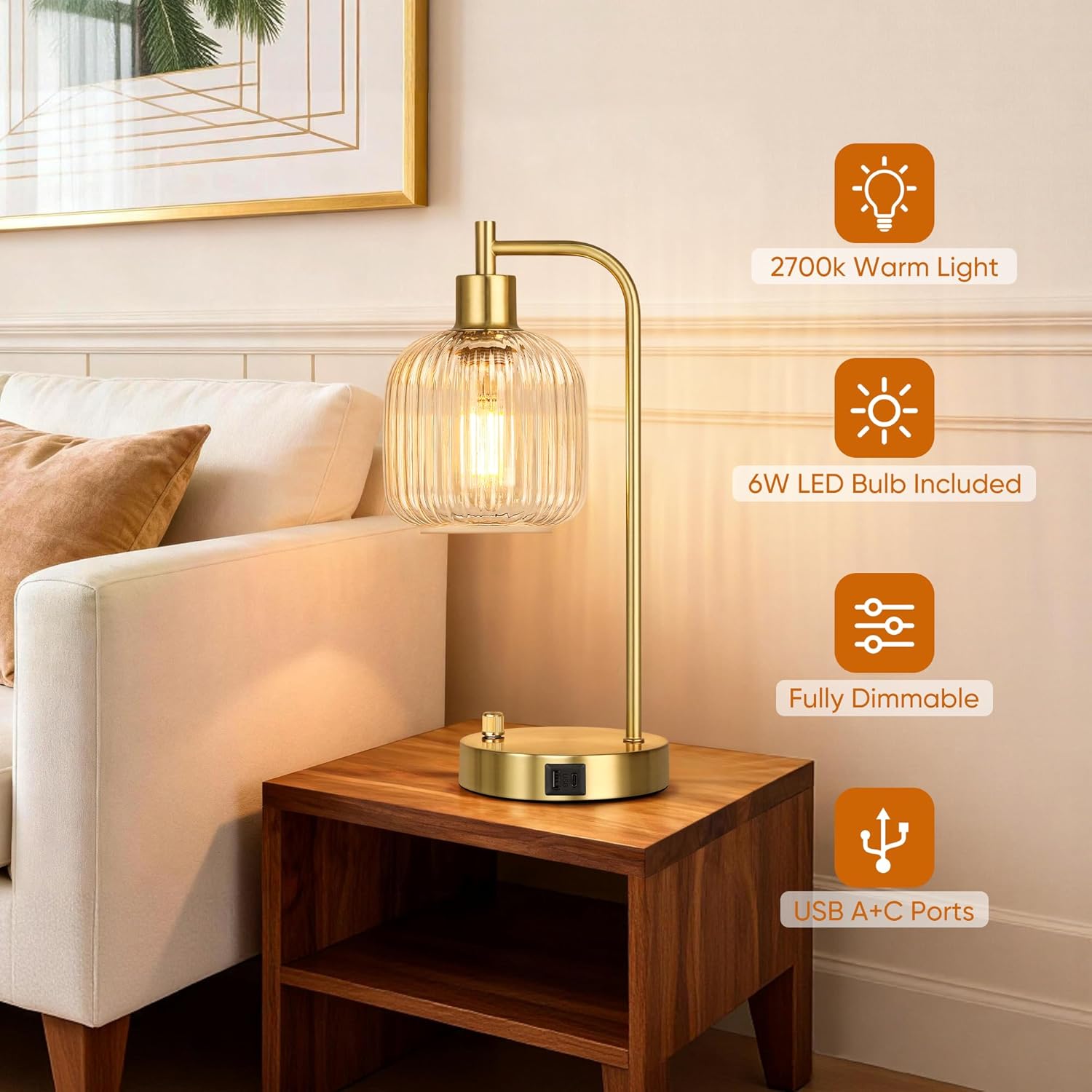 QiMH Industrial Table Lamp for Bedroom Set of 2, Clear Glass Beside Lamp with USB A&C Ports, Stepless Dimmable Gold Lamps, Nightstand Lamps for Living Room, Office, Home Decor(Bulb Included)
