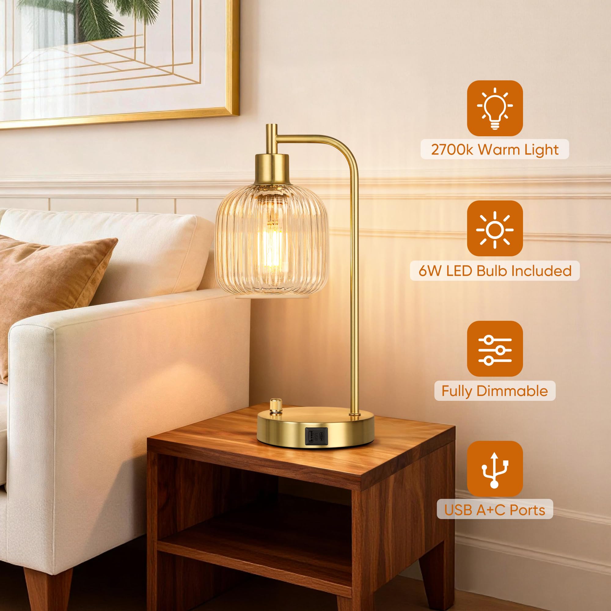QiMH Industrielle Tischlampe für Schlafzimmer, 2er-Set, klares Glas mit USB-A- und C-Anschlüssen, stufenlose dimmbare Goldlampen, Nachttischlampen für Wohnzimmer, Büro, Heimdekoration (Leuchtmittel im