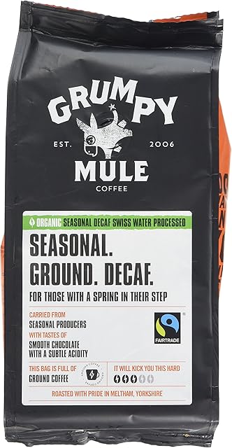 Grumpy Mule Organic Seasonal Decaf Swiss Water Processed Ground Coffee With Tastes of Smooth Chocolate With A Subtle Acidity 227 g