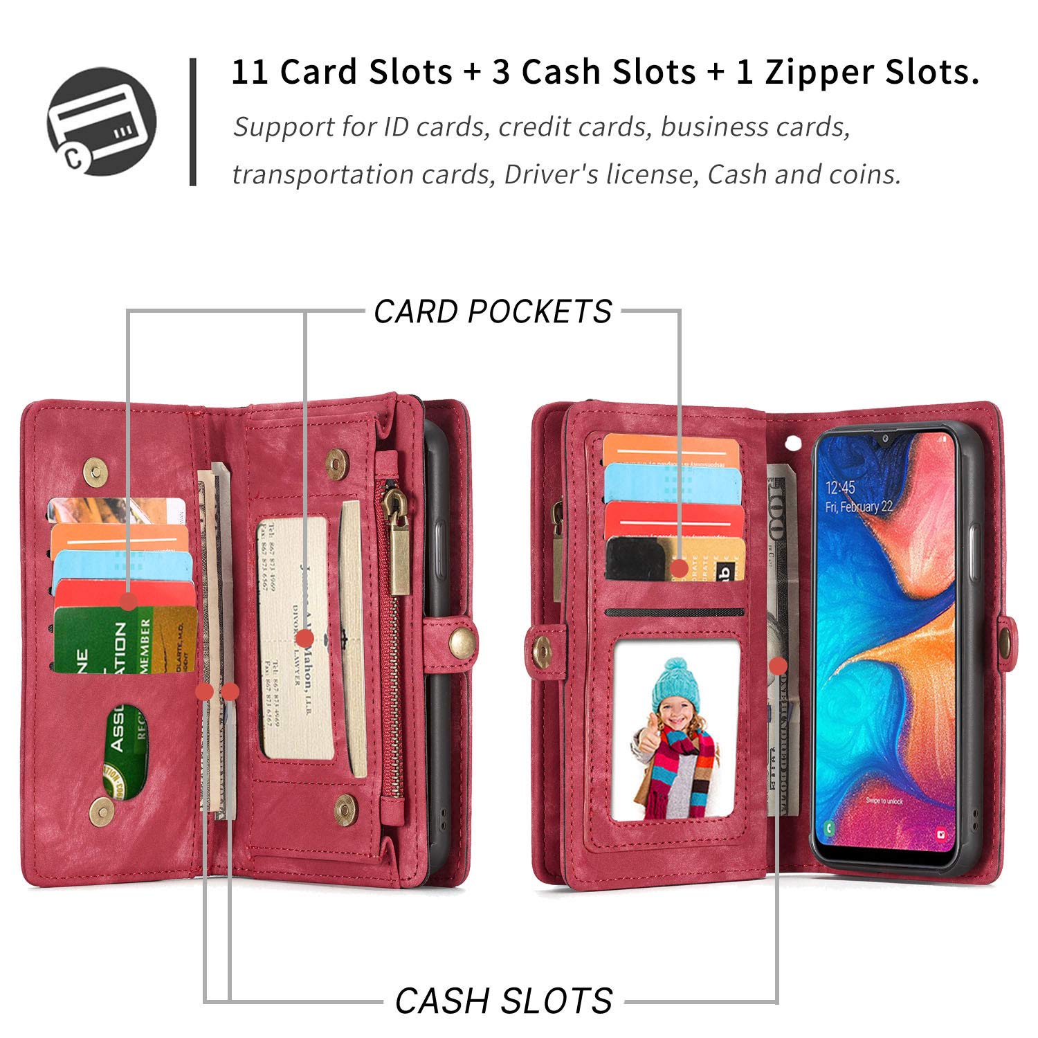 Simicoo Samsung A20 A30 - Portafoglio in pelle con cerniera e scomparti per carte di credito, con chiusura magnetica, con manico, antiurto, per Samsung A20 A30 (rosso, A20)