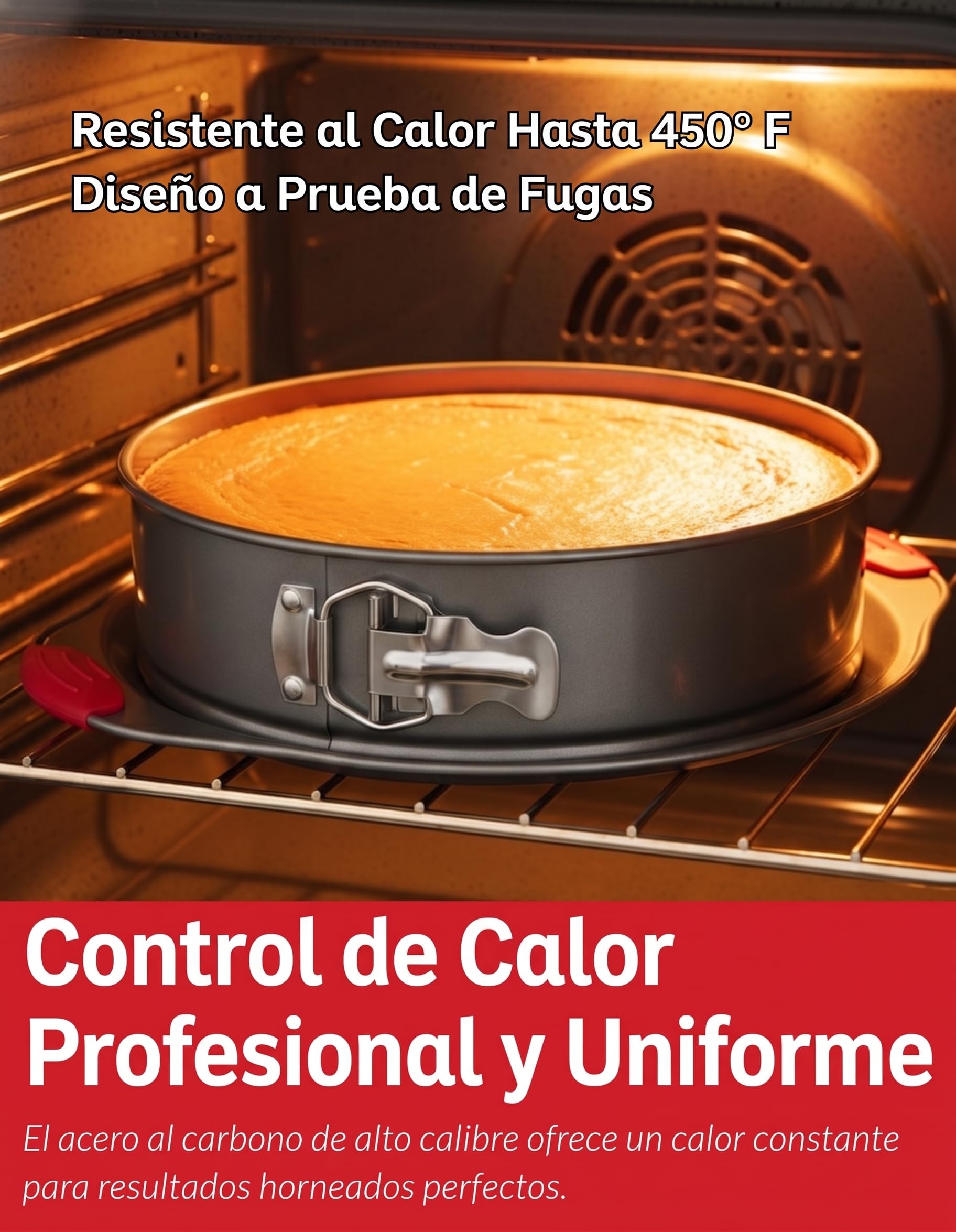 Molde Tarta Queso Desmontable Antiadherente 26 cm Redondo con Base Extraible - Molde Springform Profesional de Acero al Carbono con Cierre Hermetico y Asas de Silicona Roja - Boxiki Kitchen
