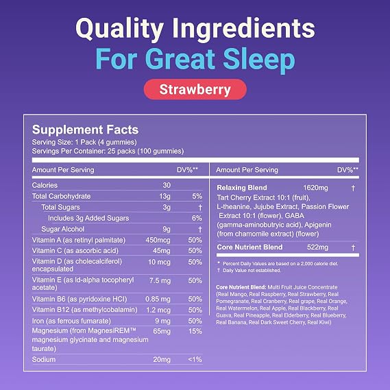 MoonBrew Strawberry Sleep + Vitamin Gummies - 8 Essential Vitamins & Minerals, Natural Magnesium Calming Aid, Melatonin-Free, 25-Pack (100 Gummies)