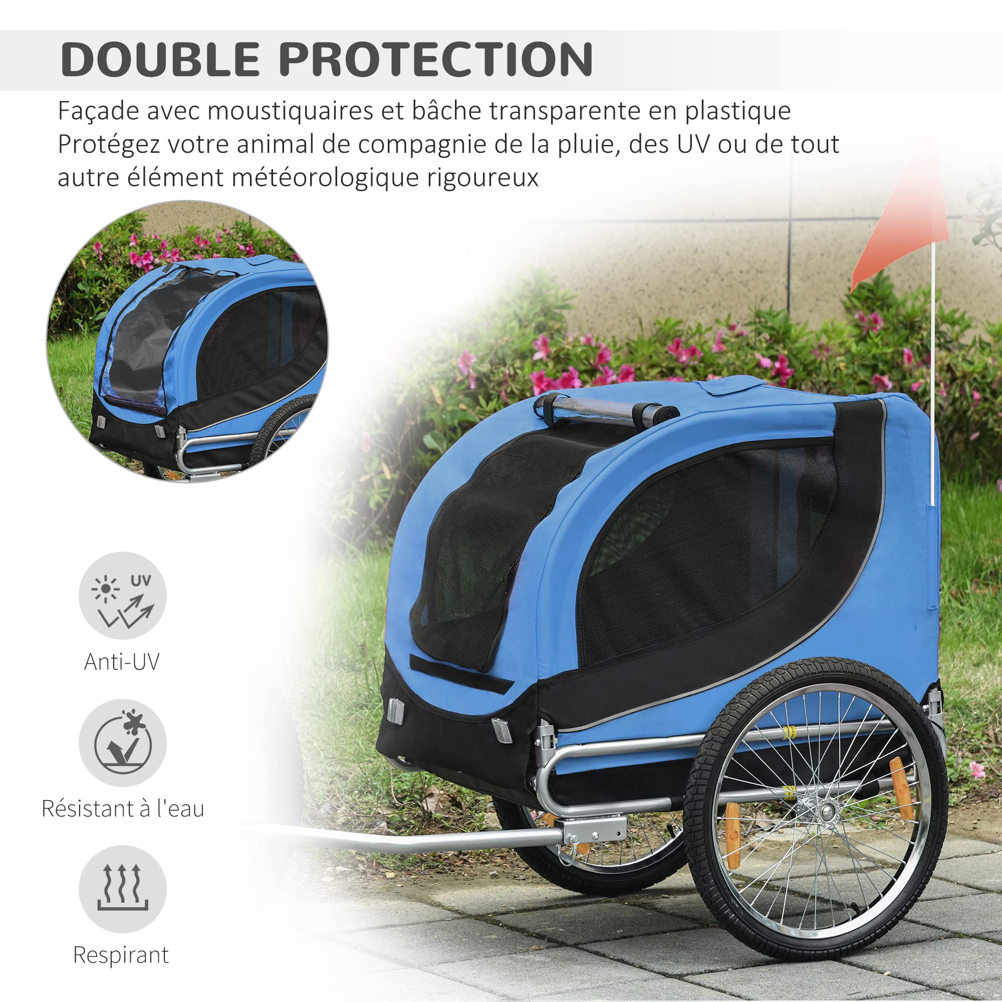PawHut Remorque Velo pour Chien Animaux avec 8 reflecteurs Drapeau Bleu Noir