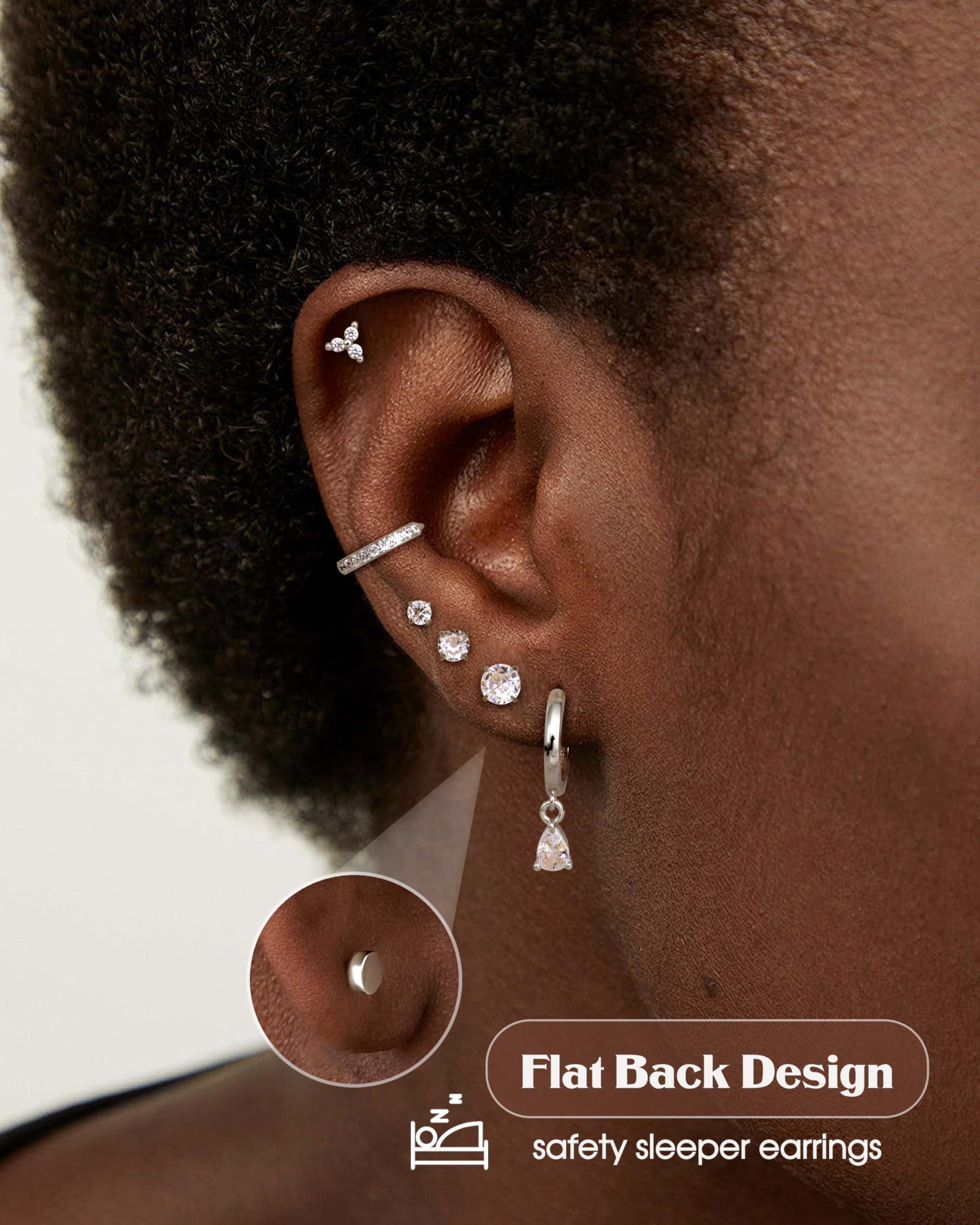 LOLIAS 20 sztuk kolczyków typu helix ze stali chirurgicznej, kolczyki damskie, płaskie, z płaskim zamknięciem, kreolki, kolor złoty, srebrny, conch, helix, tragus, biżuteria do uszu