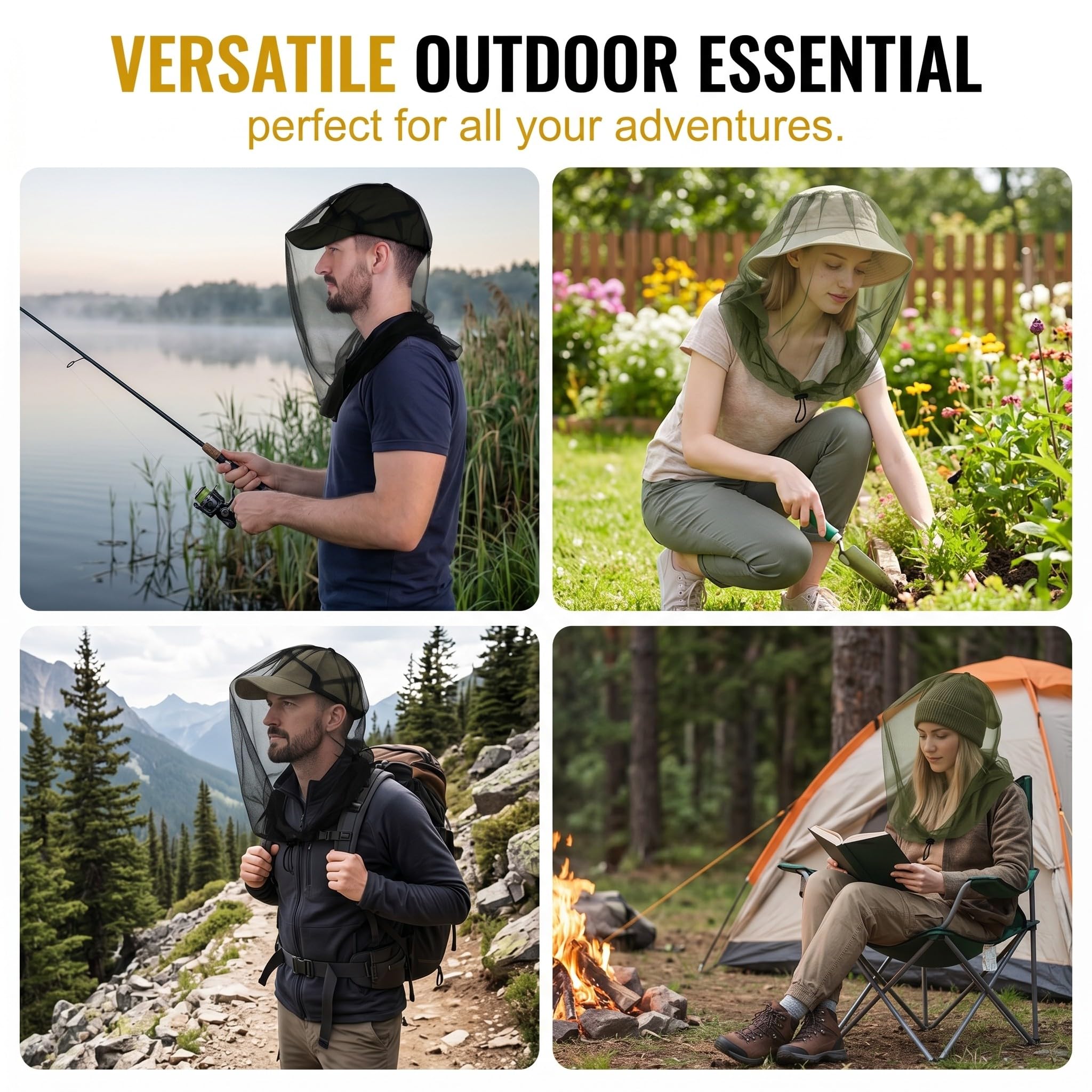 2 Pezzi Cappello con Rete Antizanzare, Rete per Zanzariera per Testa 46x46cm, Protezione Insetti per Viso e Collo, Ideale per Pesca, Campeggio, Apicoltura e Outdoor, Nero e Verde Militare