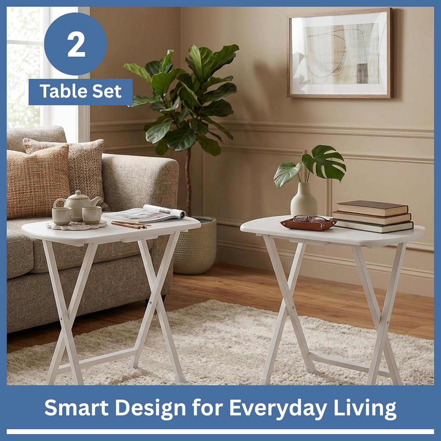 Corbett 2-piece Oversized Snack Tables Premium Folding TV Tray Set for Living Room & Bedroom Portable Space-Saving Sofa Side Tables Durable Wood Construction Modern White Finish