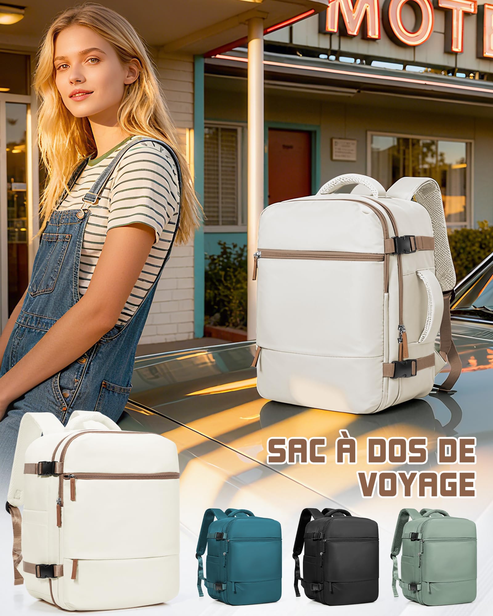 suradar Bagage Cabine 40x30x20 Sac Ryanair Sacs a Dos Voyage Cabine Avion 40x30x20 pour Wizzair Eurowings avec Sac Humide Sacs à Dos Ordinateur Portable 14 Pouces Homme Femme Beige et marron