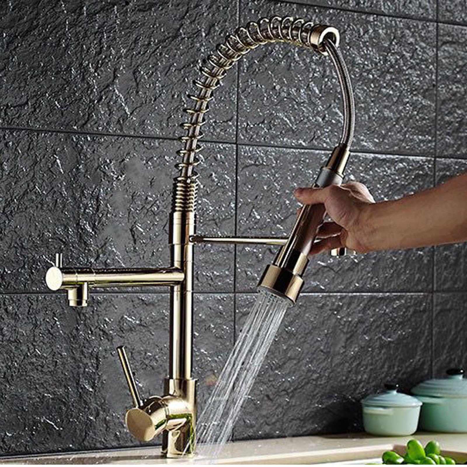 ZYCHSJXA Kitchen Tap Spring Telescopic Sprayer Hot and Cold Water Rotating 2 Outlets Flexible Spout-Gold