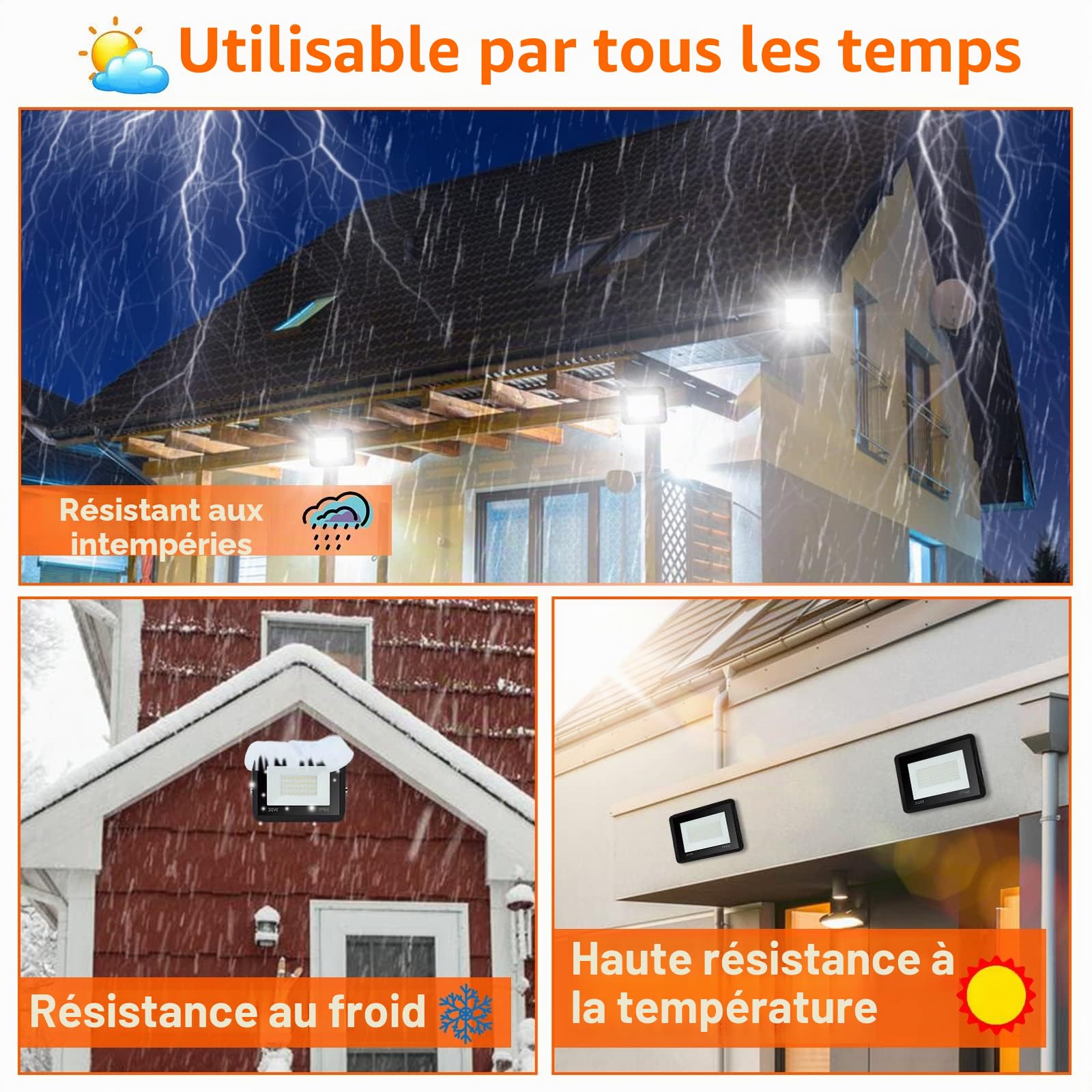 Lospitch 10X d'extérieur pour projecteur à LED 30W, étanche IP66, projecteur de sécurité extérieur blanc chaud 2550LM 3000K, pour la déco de garage de jardin de toit d'entrepôt de cour