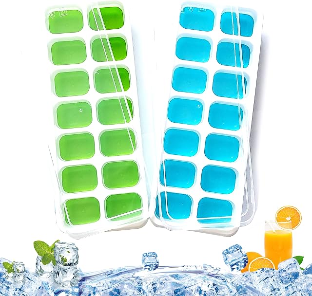 ADIIOS 2 Pcs Ice Cube Tray with Lid, No-Spill Removable and BPA Free Reusable Ice Cubes Silicone Moulds for Freezer, Easy-Release & Flexible Ice Maker 28 Trays for Baby Food and Other Drinks