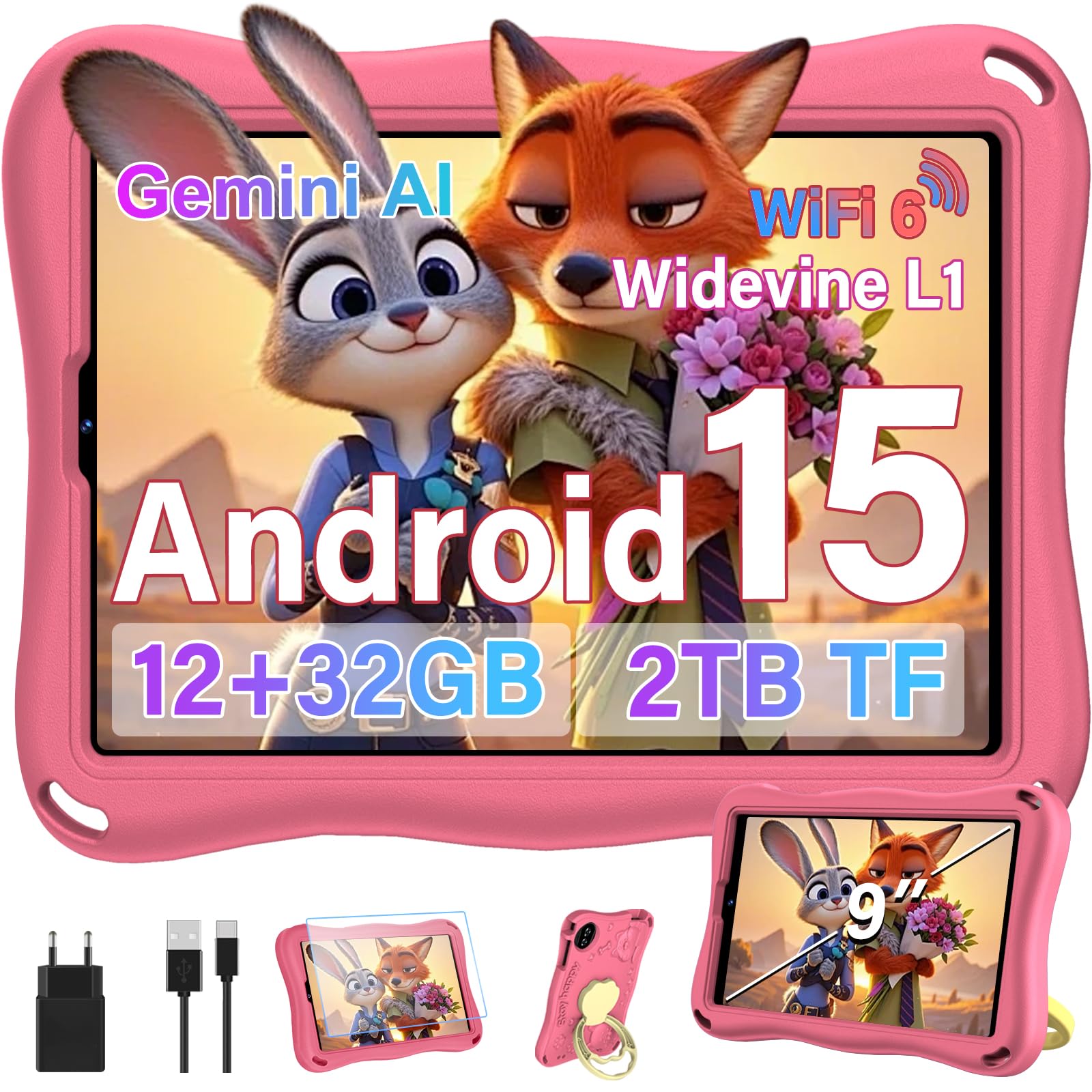 SUAAT 2026 Tablet 9 Zoll Android 15 Octa Core Tablet mit 32 GB ROM + 2 TB TF | 5G + 2,4G WiFi |GMS| Bluetooth 5.0 |8 MP + 5 MP | 1340 * 800 | mit Eva Case, Rosa