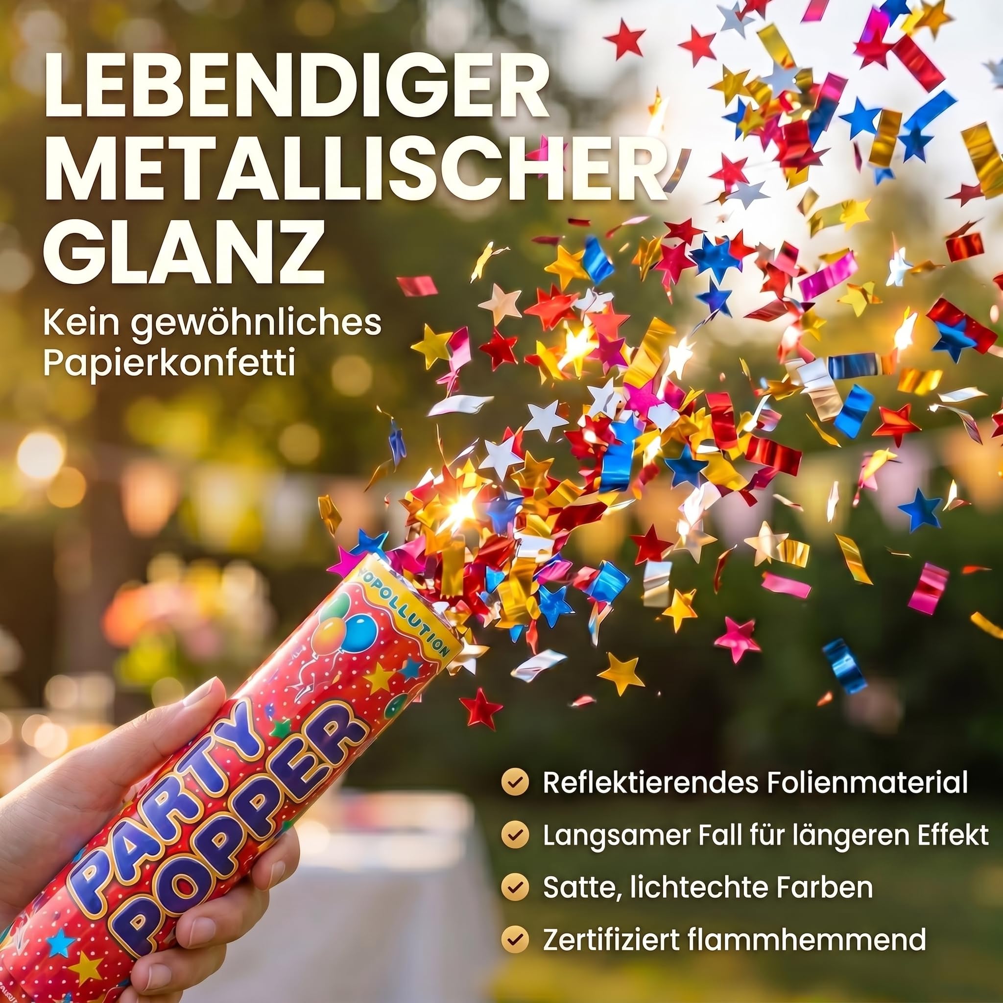 GOODS+GADGETS® Konfettikanone XXL 10er Set, 100cm Party Popper Bunt | Maximaler Showeffekt für Hochzeit und Silvester, Konfettibombe mit 8m Schusshöhe, metallisches Folienkonfetti, flammhemmend