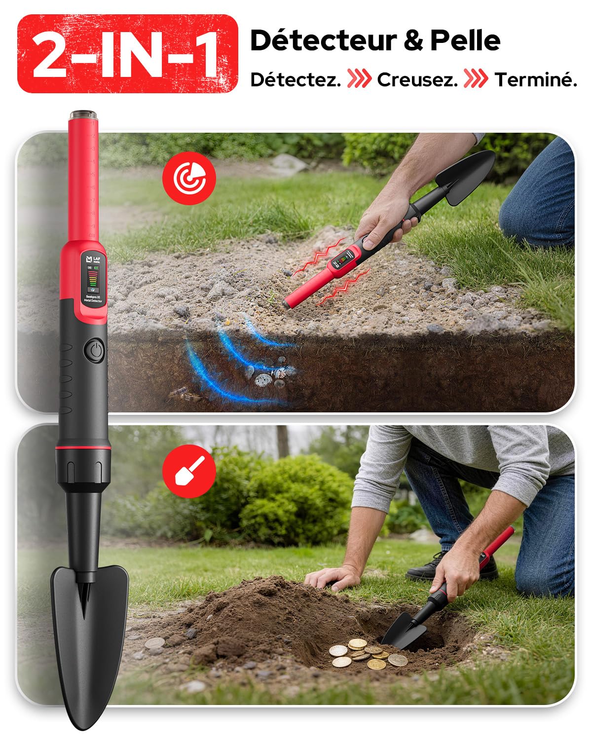 2-en-1 Détecteur de Métaux Pinpointer avec Pelle de Fouille, Détection 360°, Étanche IP68, 3 Niveaux de Sensibilité, Alerte Sonore et Vibration, pour Adultes et Enfants Chasse au Trésor