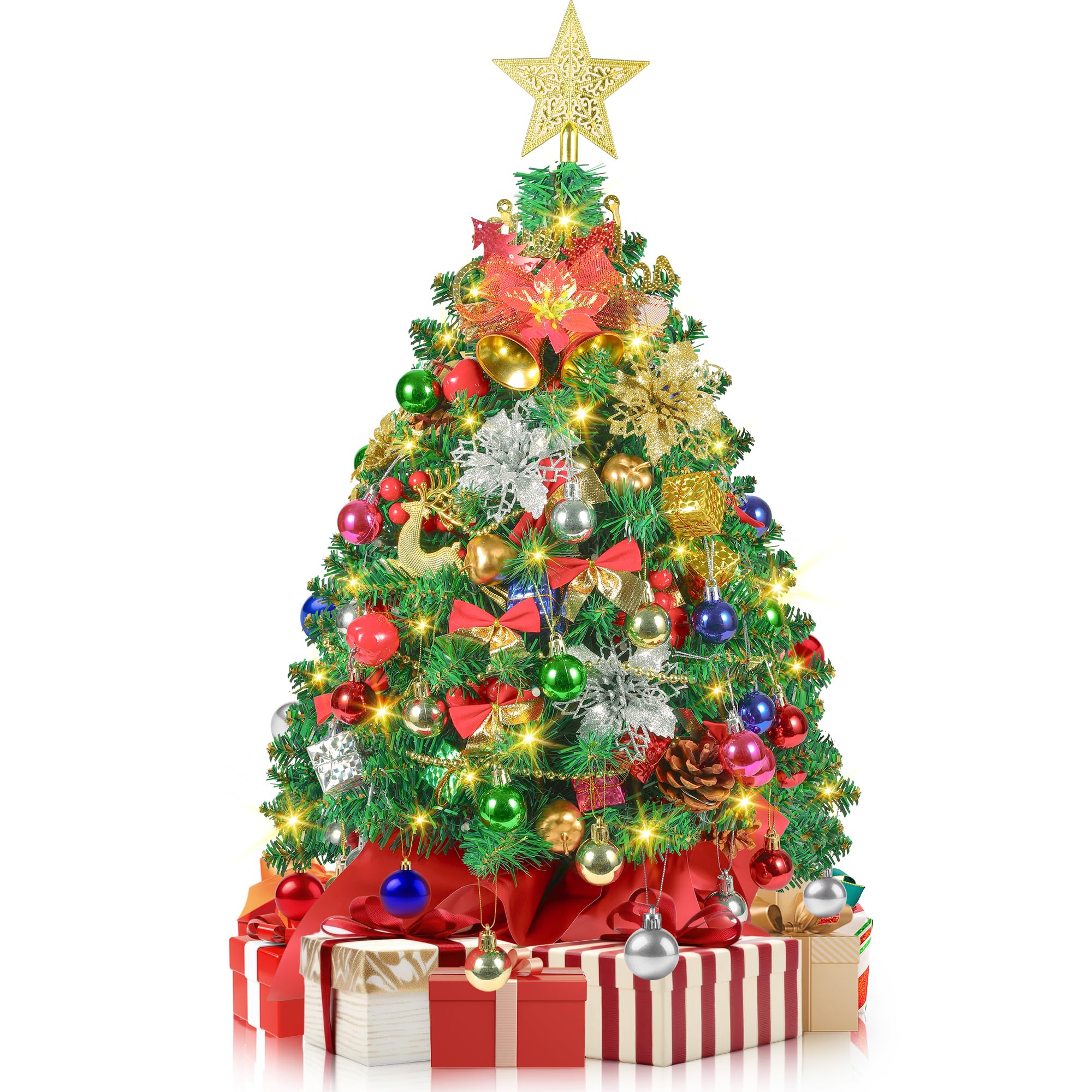 2FT Mini Christmas Tree, Small Tabletop Christmas Trees with 60 LED Lights, 24 Inches Prelit Christmas Tree with 100 Lifelike Branches and 80 DIY Ornaments, Xmas Table Decor for Home Indoor