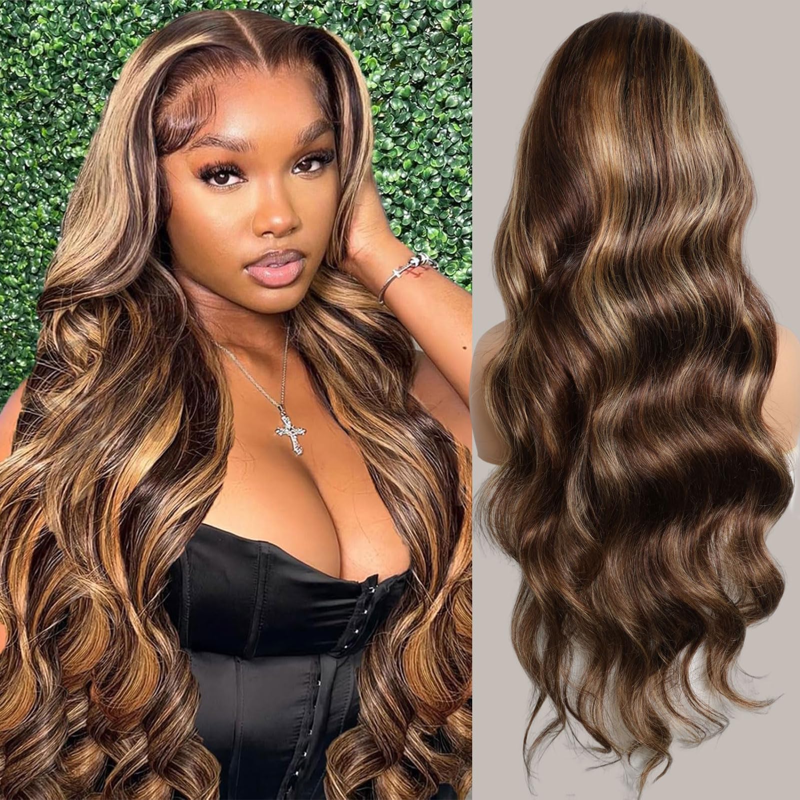 IWISH 24 Inch 13x4 Lace Front Wig For Women Human Hair Ombre Highlight 180% Density 4/27 Coloured Pre Plucked Brazilian Virgin Hair Body Wave Wigs for Women