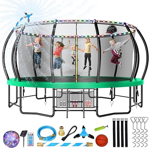 Vista 13 de Lyromix - Cama elástica de 12, 14, 15 y 16 pies al aire libre con aro de baloncesto, cama elástica con luces para niños y adultos, cama elástica Azul