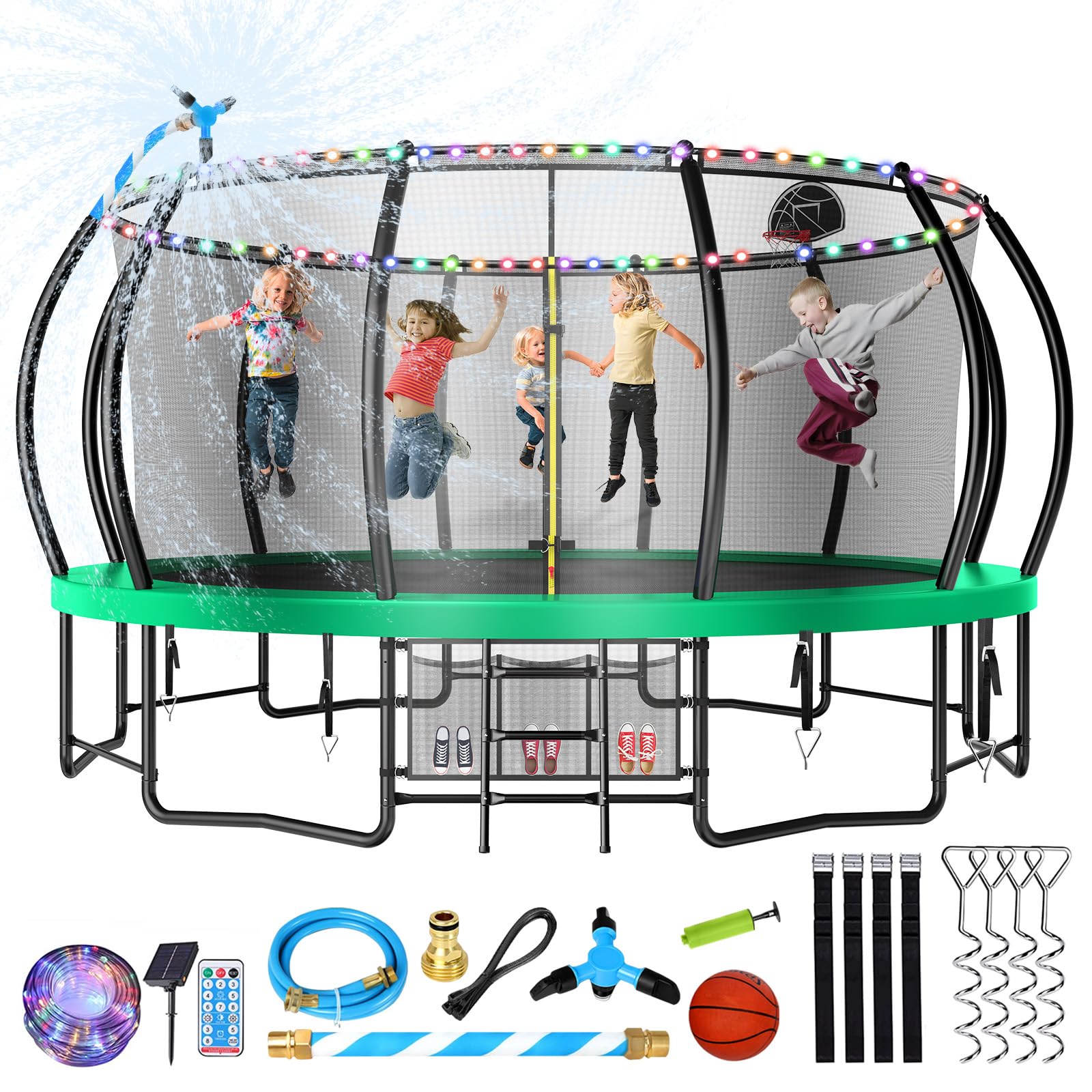 16Ft Outdoor Trampoline for Kids and Adults, Pumpkin Trampolines with Curved Poles, Recreational Trampoline with Sprinkler