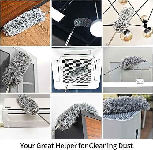 Miniatura 4 de Plumero de microfibra para limpieza con poste de extensión (acero inoxidable), extra largo de 110 pulgadas, con cabezal flexible, desmontables, sin