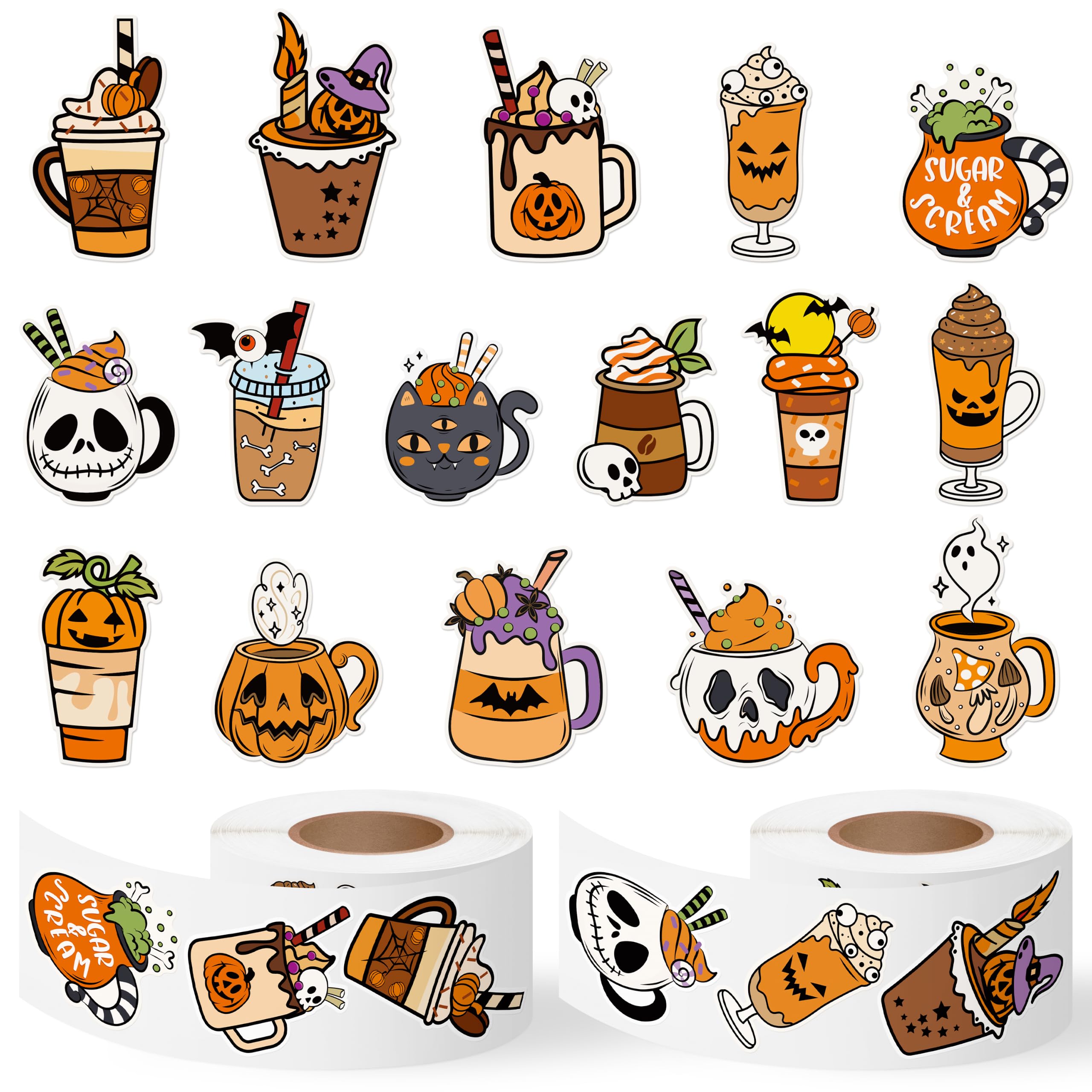 Halloween Coffee Sticker Rolls, 1000Pcs Pumpkin Coffee Latte Mug